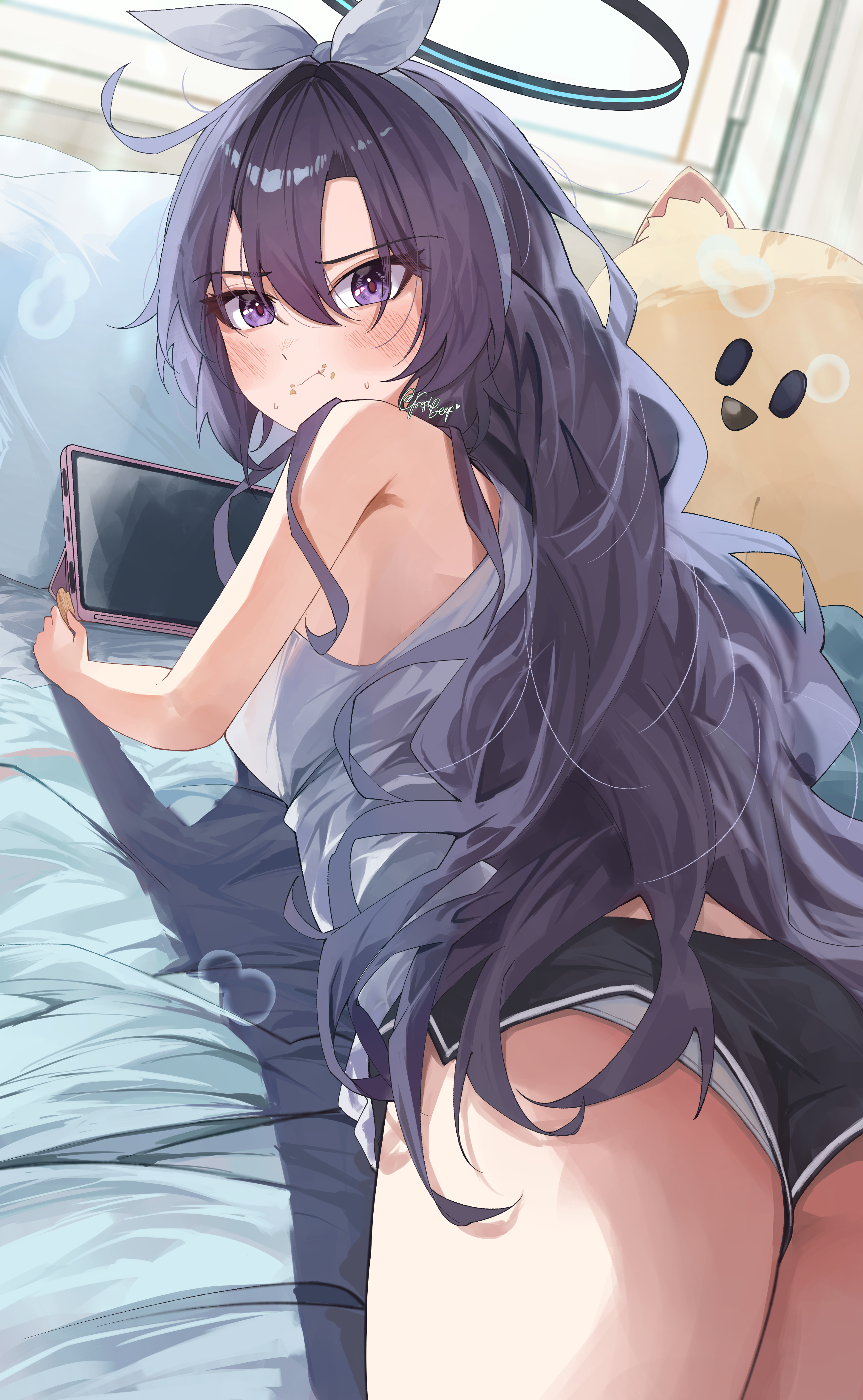 freshbeef, yuuka (blue archive), blue archive, relaxing, absurdres, commentary, english commentary, highres, 1girl, :t, alternate costume, ass, black halo, black shorts, blush, bow, camisole, casual, chips (food), closed mouth, cowboy shot, day, dolphin shorts, dutch angle, eating, eyelashes, eyes visible through hair, flower, food, food on face, from behind, hair between eyes, hair bow, hair down, hair flower, hair intakes, hair ornament, hairband, halo, indoors, long hair, looking at viewer, looking back, lying, mechanical halo, on bed, on stomach, panties, panty peek, potato chips, purple eyes, purple hair, shorts, single bare shoulder, solo, stuffed animal, stuffed toy, tablet pc, thighs, tsurime, underwear, very long hair, white bow, white camisole, white hairband, white panties, window