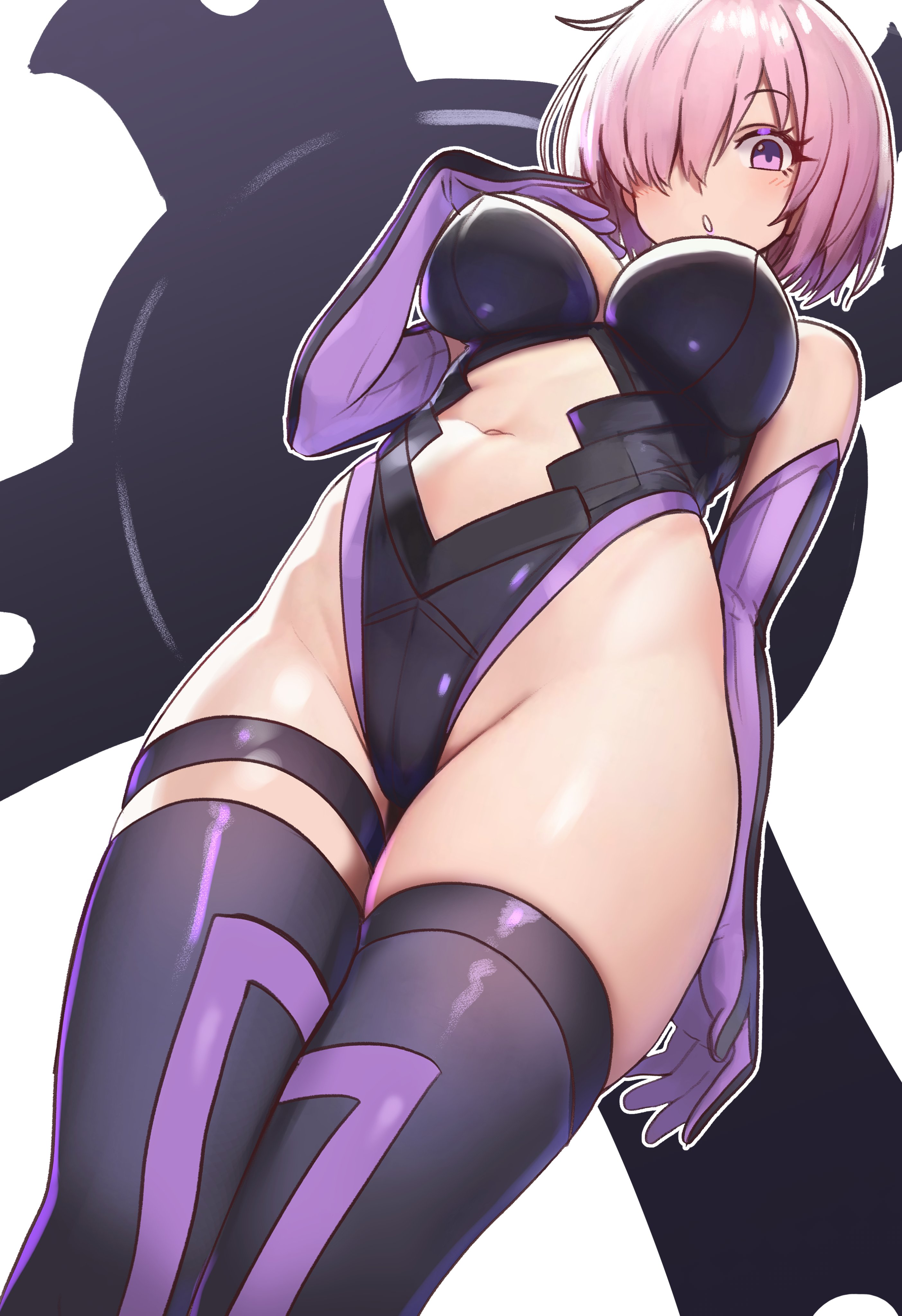 ebora, mash kyrielight, mash kyrielight (demi-servant), fate/grand order, fate (series), absurdres, highres, 1girl, bare shoulders, black leotard, black thighhighs, breasts, cleavage, clothing cutout, elbow gloves, from below, gloves, groin, hair over one eye, highleg, highleg leotard, large breasts, leotard, looking at viewer, lord camelot (fate), navel, navel cutout, open mouth, purple eyes, purple gloves, purple hair, shield, short hair, simple background, solo, stomach cutout, thigh strap, thighhighs, thighs, undersuit, white background