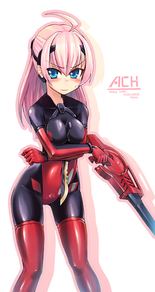 ach, homura subaru, busou shinki, breast hold, bad id, bad pixiv id, 10s, 1girl, ahoge, between breasts, black bodysuit, blue eyes, bodysuit, breasts, female focus, gun, knife, latex, latex suit, long hair, medium breasts, pink hair, solo, thighhighs, weapon