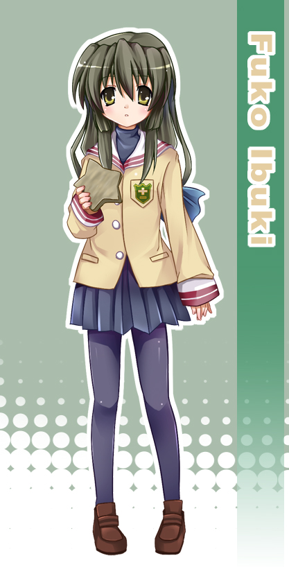 tomusooya, ibuki fuuko, clannad, 00s, 1girl, black pantyhose, blue eyes, blue skirt, buttons, emblem, female focus, full body, holding, latex, long sleeves, looking at viewer, pantyhose, pleated skirt, skirt, solo, standing