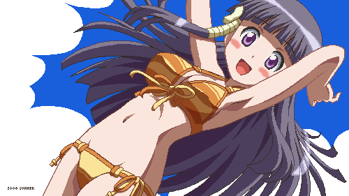 awa, murasame oshizu, to love-ru, lowres, 00s, 1girl, :d, armpits, arms up, bikini, black hair, blunt bangs, blush, breasts, cleavage, cloud, cowboy shot, dated, day, dutch angle, female focus, floating hair, from side, front-tie bikini top, front-tie top, groin, hair ribbon, happy, jaggy lines, large breasts, long hair, looking at viewer, navel, oekaki, open mouth, orange bikini, outdoors, purple eyes, ribbon, side-tie bikini bottom, sidelocks, sky, smile, solo, swimsuit, tress ribbon, yellow bikini