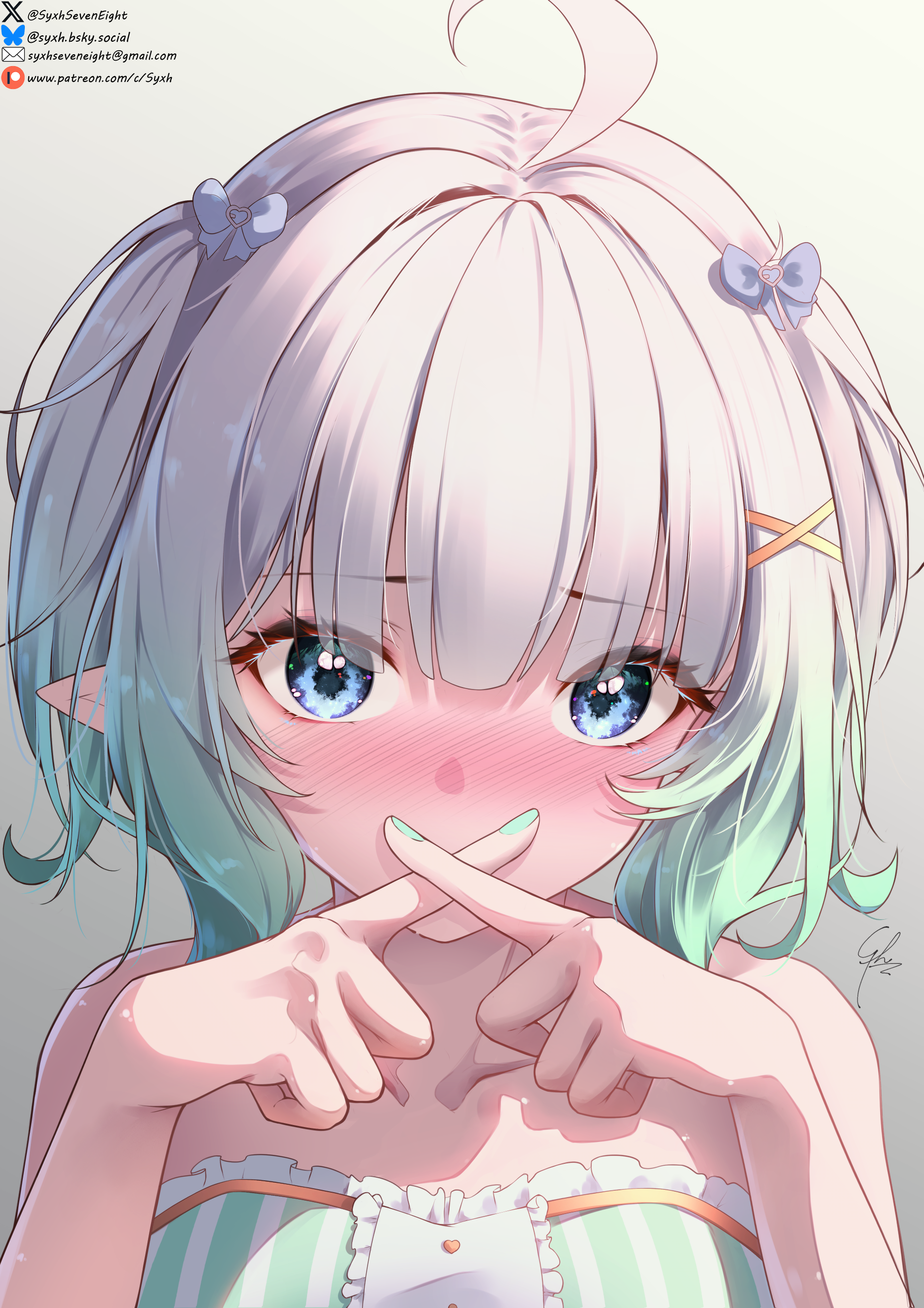 syxh, mint fantome, mint fantome (minto 2.0), indie virtual youtuber, absurdres, highres, paid reward available, 1girl, ahoge, artist name, bare shoulders, blue bow, blue eyes, blue hair, bluesky username, blush, bow, collarbone, covering own mouth, dress, email address, gradient background, gradient hair, green dress, green hair, green nails, grey background, hair bow, hair ornament, hands up, looking at viewer, multicolored hair, nail polish, patreon username, pointy ears, short hair, signature, sleeveless, sleeveless dress, solo, twitter username, two side up, upper body, virtual youtuber, white background, white hair, x fingers, x hair ornament