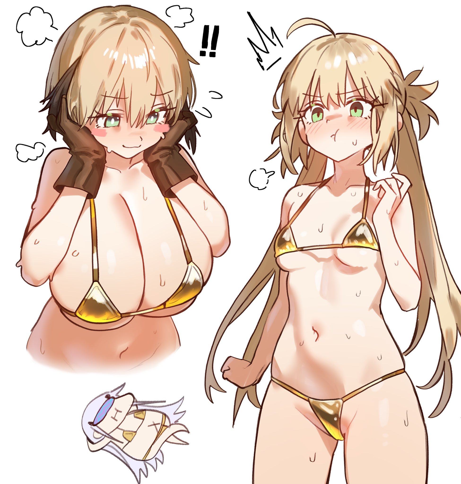 ebora, artoria caster (fate), artoria pendragon (fate), gareth (fate), melusine (fate), fate/grand order, fate (series), highres, !, !!, 3girls, :t, ahoge, alternate breast size (larger), bikini, black hair, blonde hair, blush, blush stickers, breast envy, breasts, cleavage, collarbone, gold bikini, green eyes, hair flaps, hands on own cheeks, hands on own face, huge breasts, long hair, low twintails, micro bikini, multiple girls, navel, partially visible vulva, pout, puff of air, short hair, sideboob, simple background, small breasts, stomach, sweat, swimsuit, twintails, underboob, white background