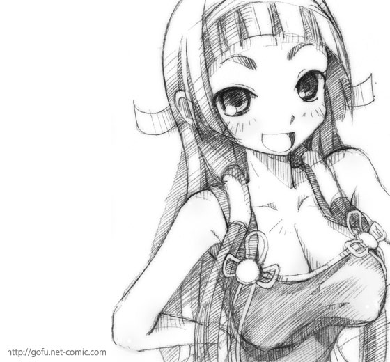 gofu, nagi, kannagi, traditional media, 00s, 1girl, blunt bangs, breasts, cleavage, female focus, greyscale, hair tubes, hand on own hip, hip focus, large breasts, monochrome, sketch, solo, swimsuit