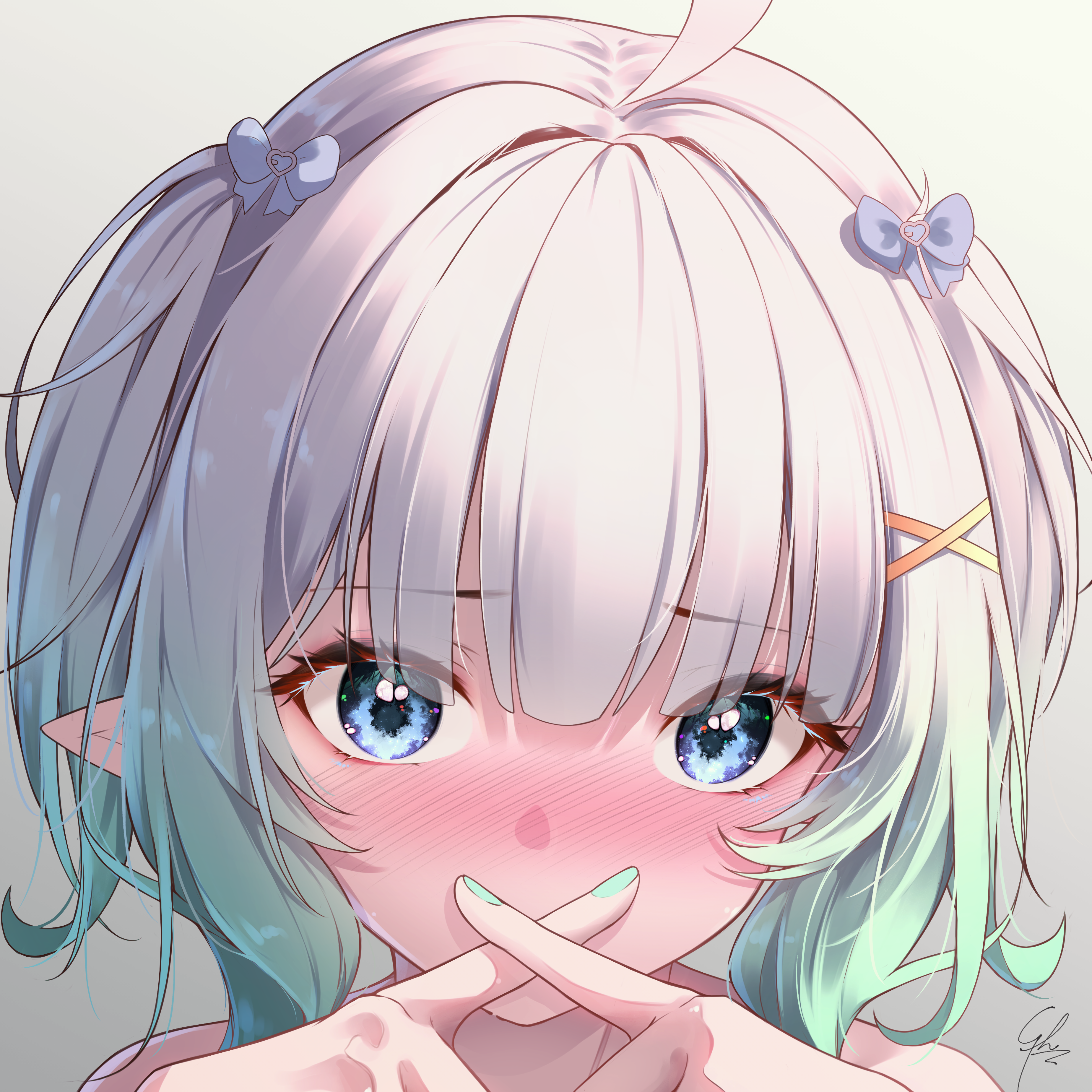 syxh, mint fantome, indie virtual youtuber, absurdres, highres, paid reward available, 1girl, ahoge, blue bow, blue eyes, blush, bow, close-up, eyelashes, gradient hair, green hair, grey background, hair bow, hair ornament, looking at viewer, multicolored hair, nose blush, pointy ears, portrait, solo, virtual youtuber, white hair, x fingers, x hair ornament
