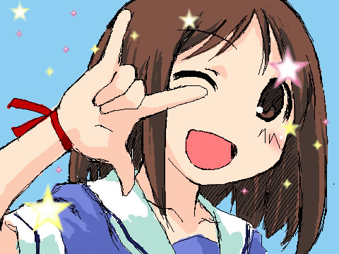 kasuga ayumu, azumanga daiou, macross, macross frontier, lowres, m/, brown eyes, brown hair, one eye closed, parody, school uniform, seikan hikou, serafuku, simple background, smile, solo, wink