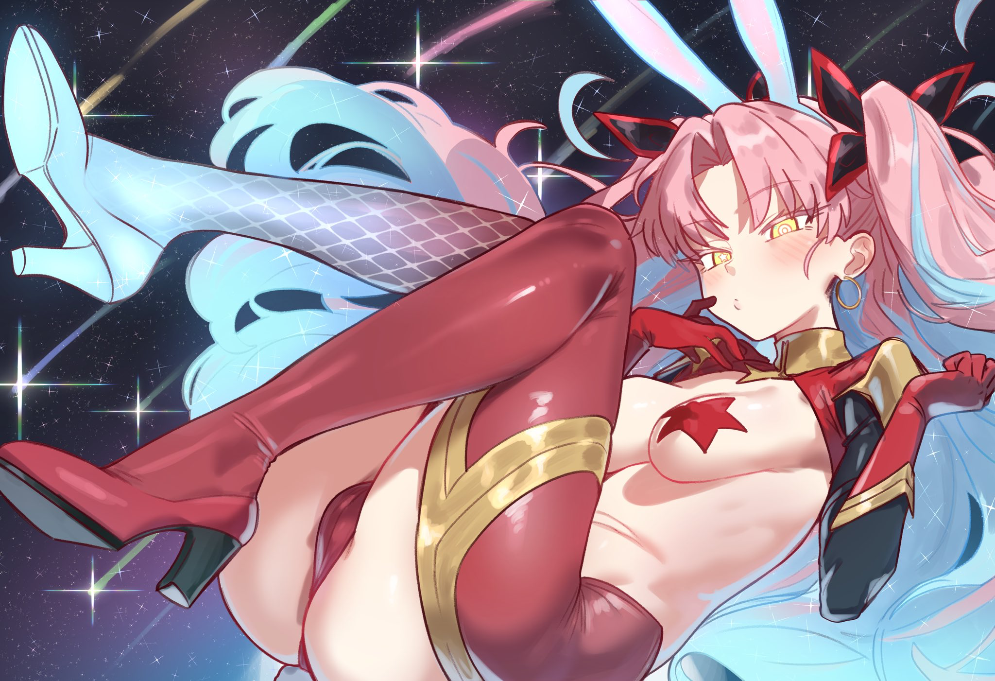 ebora, ishtar (fate), space ishtar (fate), space ishtar (third ascension) (fate), fate/grand order, fate (series), highres, 1girl, animal ears, black ribbon, blue hair, boots, breasts, cameltoe, collared shrug, crotchless, earrings, facial mark, fake animal ears, forehead mark, frontless outfit, hair ribbon, high heels, hiphighs, hoop earrings, jewelry, latex, latex legwear, long hair, looking at viewer, medium breasts, multicolored hair, pasties, pink hair, rabbit ears, red boots, red hiphighs, reverse bunnysuit, reverse outfit, ribbon, shooting star, shrug (clothing), solo, space, star (symbol), star pasties, two side up, very long hair, yellow eyes
