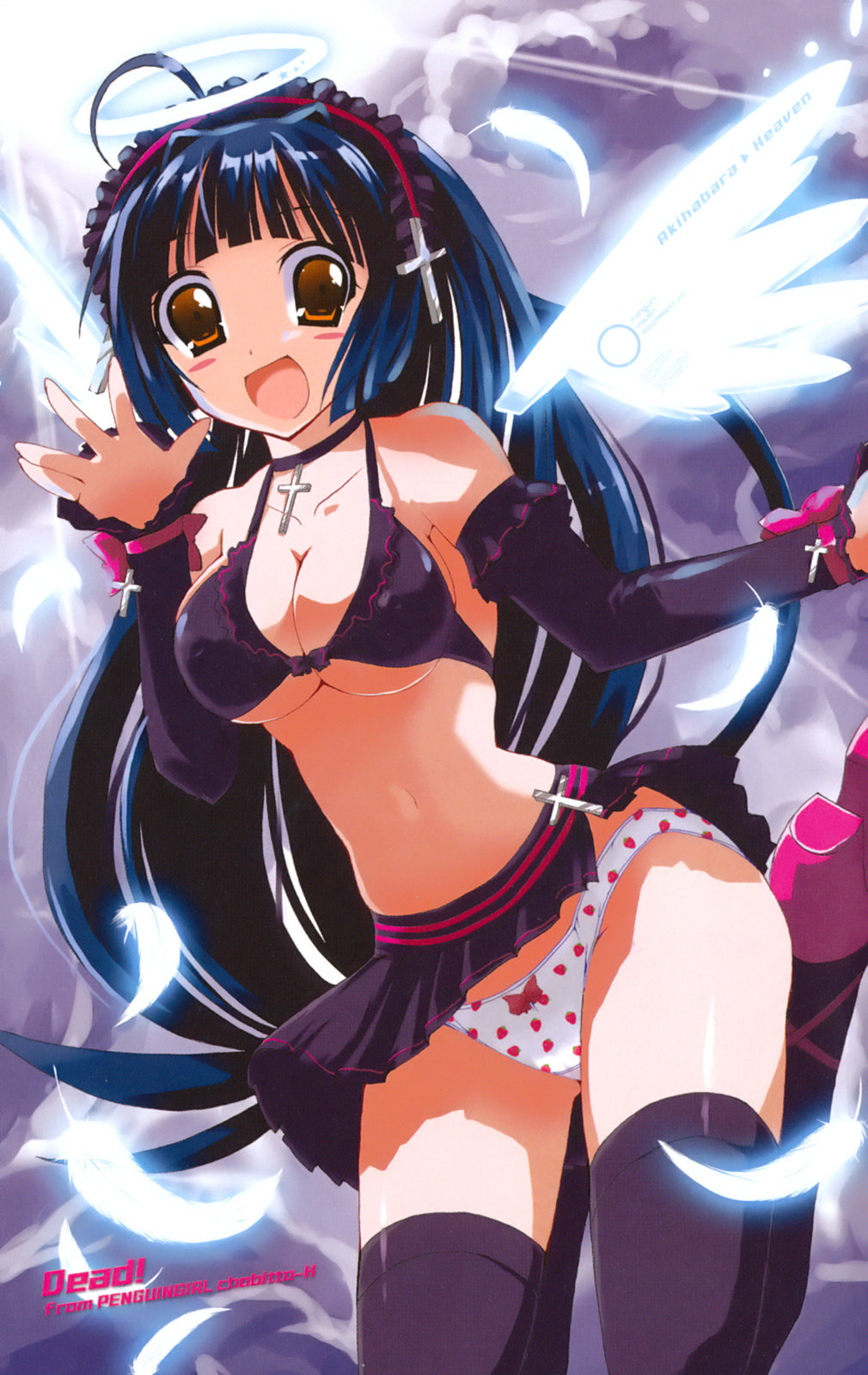 takahashi tetsuya, nankyoku sakura, penguin musume, highres, non-web source, official art, 00s, bikini, bikini top only, blue hair, bow, bow panties, breasts, brown eyes, choker, cleavage, clothes lift, covered erect nipples, cross, elbow gloves, feathers, food, food print, fruit, fruit print, gloves, halo, headband, large breasts, long hair, panties, pantyshot, print panties, red bow, skirt, skirt lift, solo, strawberry, strawberry panties, strawberry print, swimsuit, thighhighs, underwear, upskirt, wind, wind lift, wings