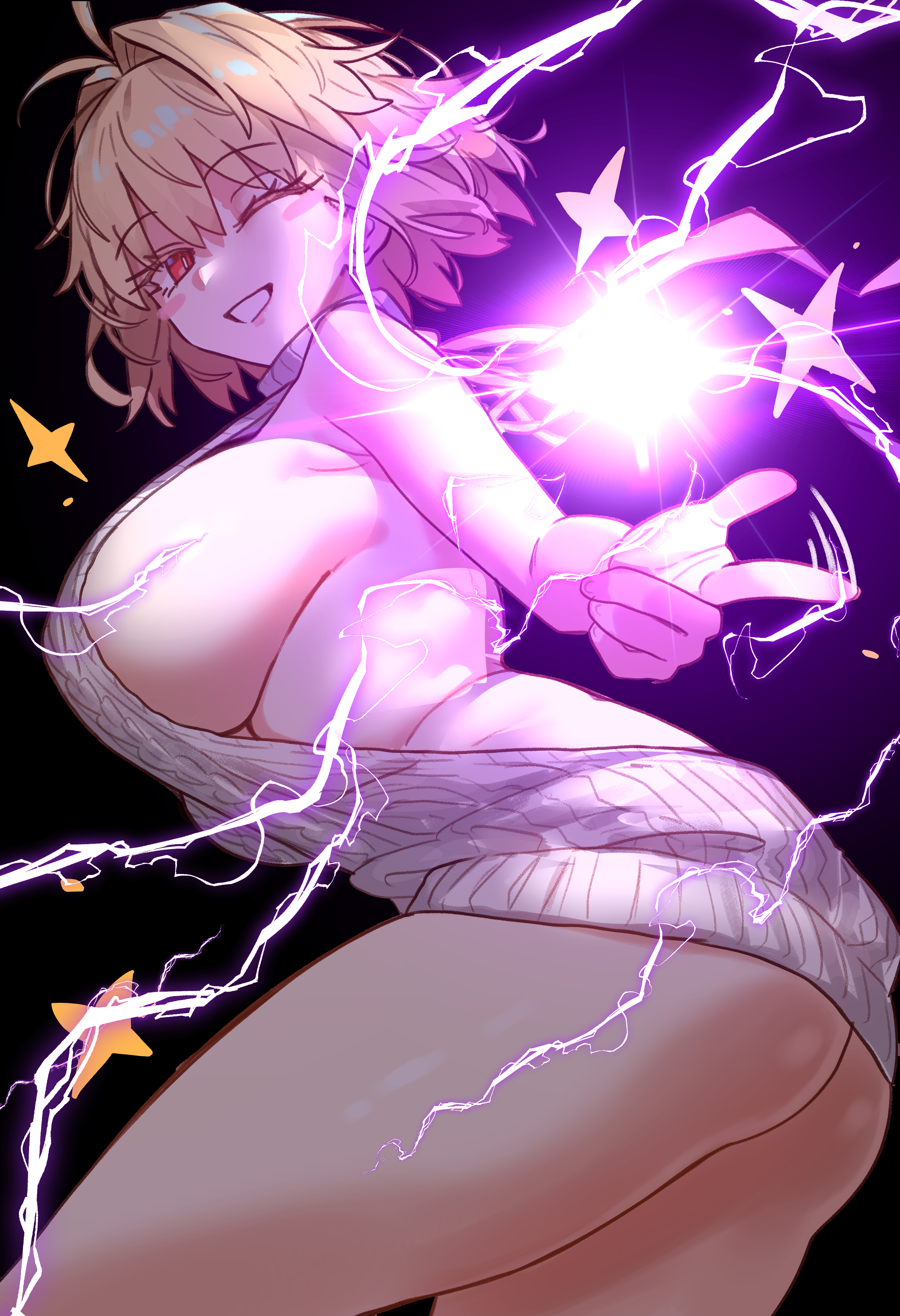 ebora, arcueid brunestud, tsukihime, absurdres, highres, 1girl, ;), ass, backless outfit, black background, blonde hair, blush, breasts, dress, electricity, energy ball, large breasts, naked sweater, one eye closed, parted lips, pointing, pointing at viewer, red eyes, short hair, sideboob, smile, solo, sparkle, star (symbol), sweater, sweater dress, turtleneck, turtleneck sweater, vampire, virgin killer sweater