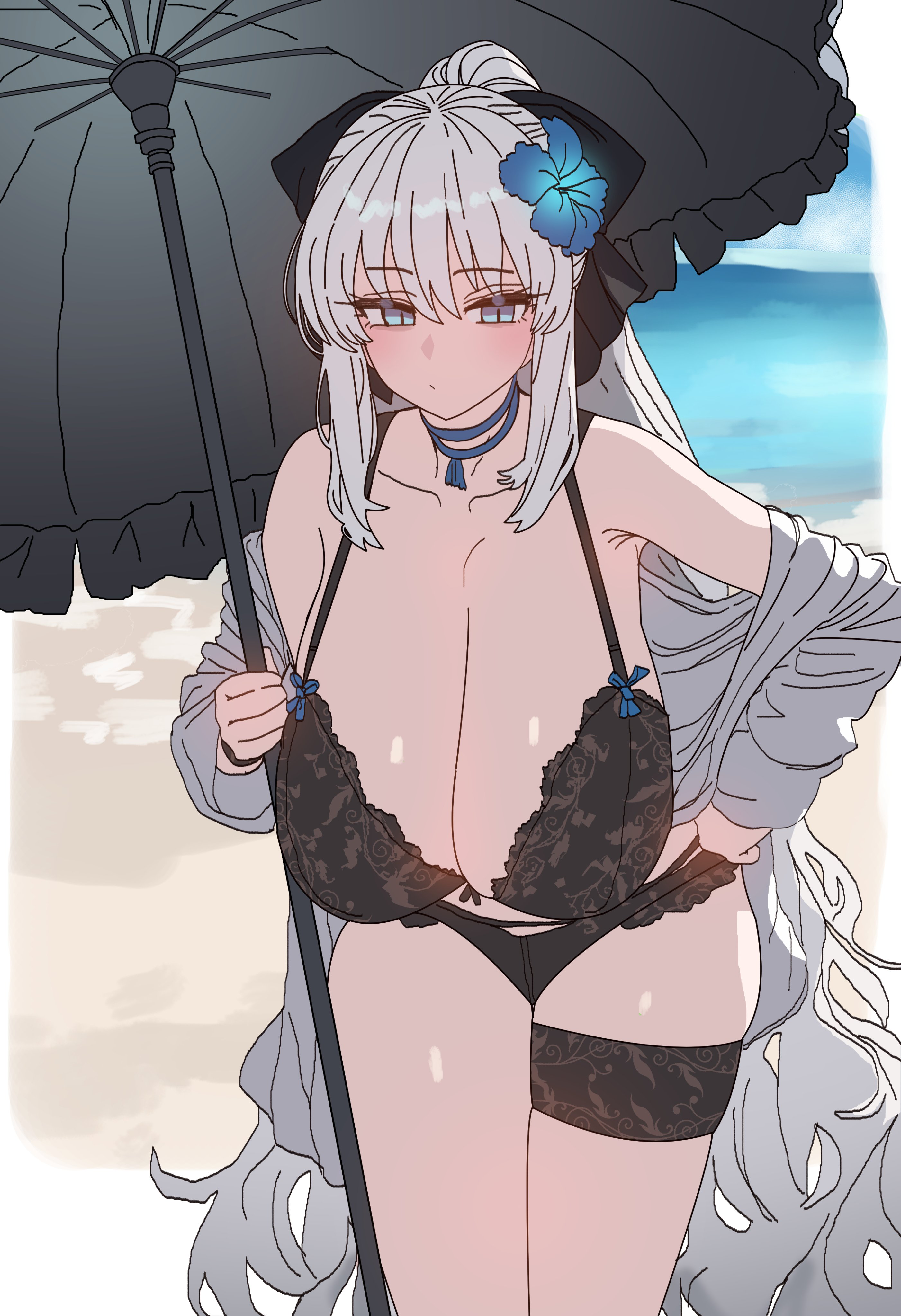 ebora, morgan le fay (fate), fate/grand order, fate (series), absurdres, highres, 1girl, alternate breast size (larger), bare shoulders, beach, beach umbrella, bikini, black bikini, black bow, blue eyes, bow, braid, breasts, choker, cleavage, collarbone, flower, grey hair, hair bow, hair flower, hair ornament, huge breasts, long hair, long sleeves, looking at viewer, off shoulder, ponytail, shirt, sidelocks, slit pupils, solo, swimsuit, thighs, umbrella, very long hair, white shirt