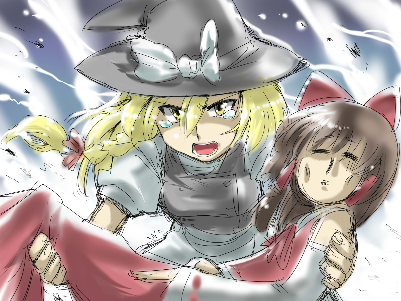 tukiwani, hakurei reimu, kirisame marisa, touhou, highres, 2girls, carrying, female focus, gradient background, hat, multiple girls, princess carry, tears, white background