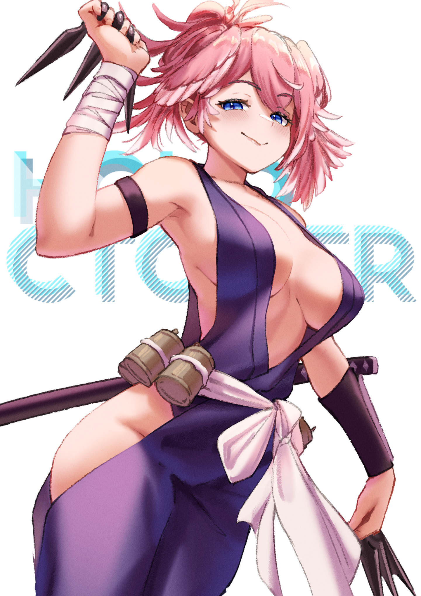 mokuka noe, takane lui, yuzuriha (jigokuraku), hololive, jigokuraku, commentary, english commentary, highres, 1girl, :>, alternate costume, alternate hairstyle, arm up, bandaged wrist, bandages, blue eyes, breasts, breasts apart, center opening, clothing cutout, cosplay, cowboy shot, english text, feathered hair, groin, hair wings, half-closed eyes, hip vent, holding, holding kunai, holding weapon, japanese clothes, kimono, kunai, large breasts, looking at viewer, looking to the side, ninja, ninjatou, no panties, pink hair, plunging neckline, purple kimono, sash, short sword, side slit, sideboob, sideless kimono, sleeveless, sleeveless kimono, smile, solo, sword, sword on back, topknot, virtual youtuber, weapon, weapon on back, white sash, wrist guards, yuzuriha (jigokuraku) (cosplay)