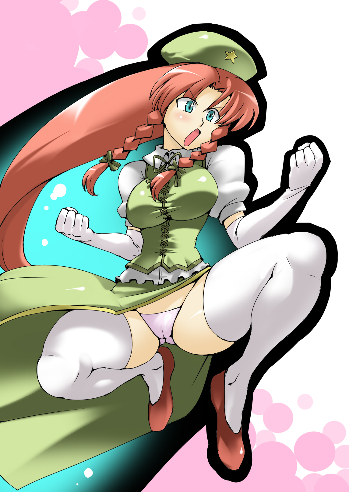 tukiwani, hong meiling, embodiment of scarlet devil, touhou, highres, 1girl, breasts, cameltoe, elbow gloves, female focus, full body, gloves, hat, long hair, panties, skirt, solo, thighhighs, underwear, very long hair, white background
