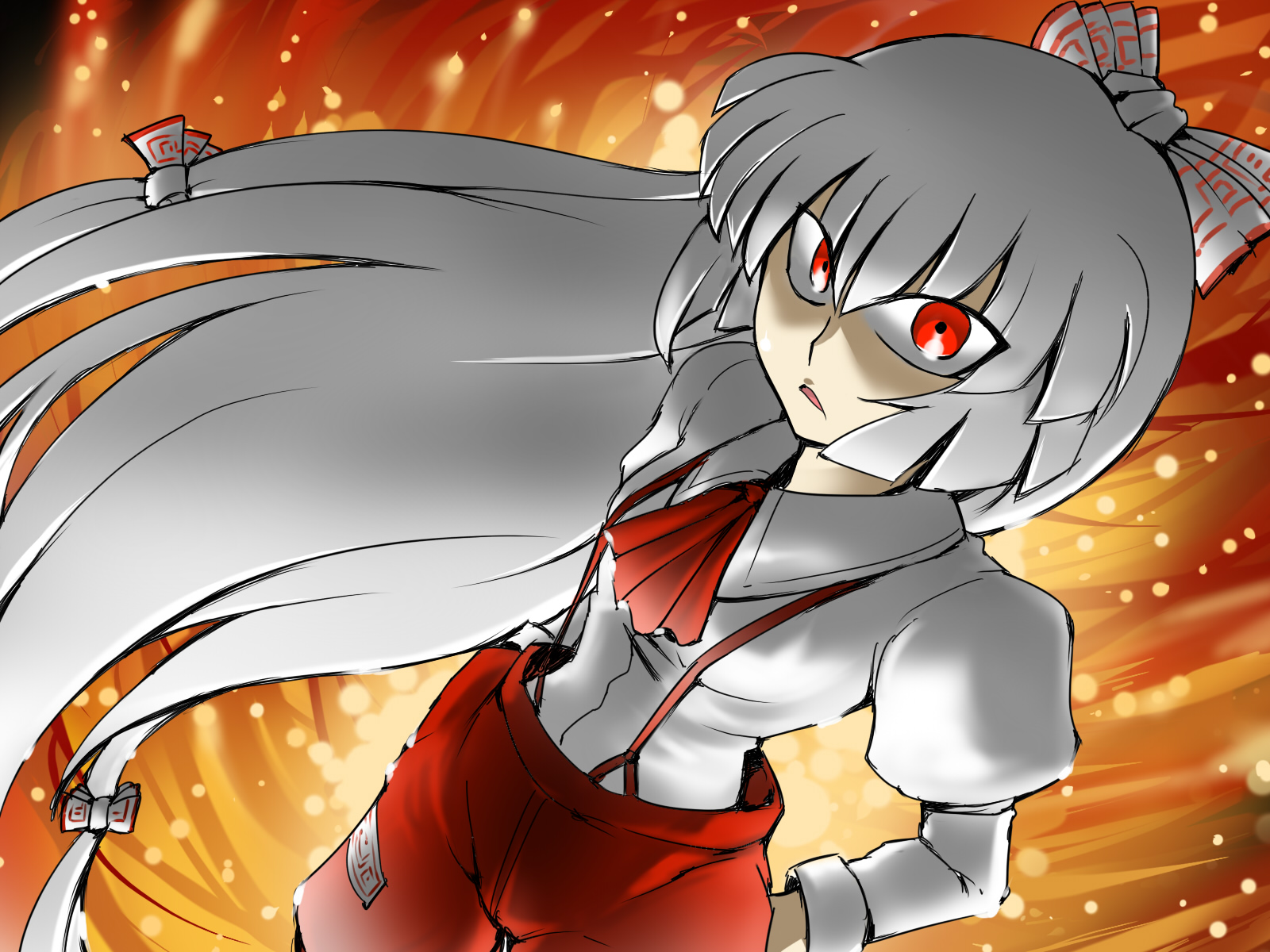 tukiwani, fujiwara no mokou, touhou, highres, 1girl, female focus, pants, red eyes, solo, standing, suspenders, white hair