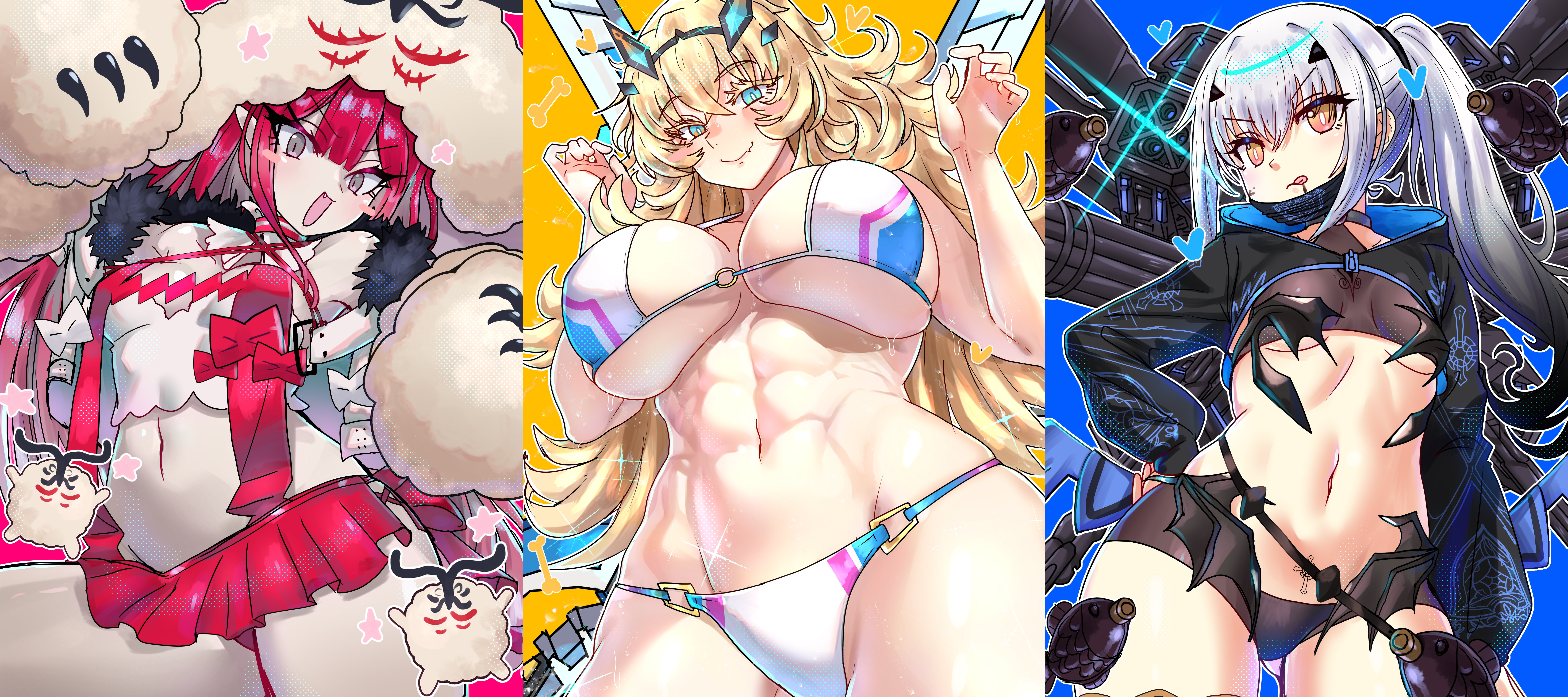 ebora, baobhan sith (fate), baobhan sith (swimsuit pretender) (first ascension) (fate), barghest (fate), barghest (swimsuit archer) (final ascension) (fate), cernunnos (fate), melusine (fate), melusine (swimsuit ruler) (fate), melusine (swimsuit ruler) (first ascension) (fate), fate/grand order, fate (series), absurdres, highres, 3girls, abs, animal hands, aqua eyes, bikini, black bikini, blonde hair, blush, breasts, character hood, detached collar, faerie knights (fate), fish bottle, grey eyes, gun, hair ornament, hairclip, hand on own hip, headwear with attached mittens, huge breasts, jacket, long hair, looking at viewer, machine gun, mask, midriff, mouth mask, multicolored bikini, multicolored eyes, multiple girls, muscular, muscular female, navel, o-ring, o-ring bikini, open mouth, pink background, pink hair, pointy ears, ponytail, pubic tattoo, red skirt, rocket launcher, servant summer festival! 2023, shiny skin, shrug (clothing), sidelocks, skindentation, skirt, small breasts, smile, standing, star (symbol), swimsuit, tattoo, thighs, tongue, tongue out, two-tone eyes, underboob, very long hair, weapon, white bikini, white hair, white jacket, yellow eyes
