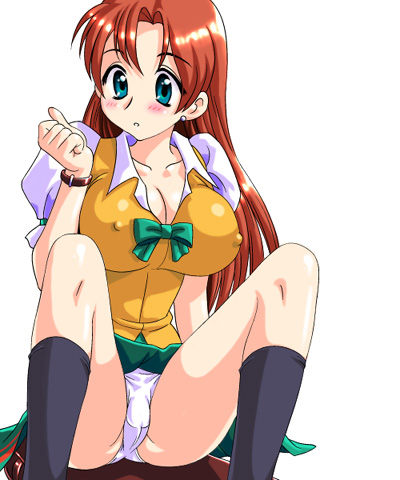 jo area, kisarah westfield, adk, neo geo battle coliseum, snk, tsuukai gangan koushinkyoku, lowres, 1girl, aqua eyes, bag, blush, breasts, brown hair, cameltoe, covered erect nipples, earrings, female focus, green eyes, jewelry, large breasts, long hair, panties, pantyshot, red hair, school bag, school uniform, sitting, socks, solo, spread legs, underwear, watch, wristwatch
