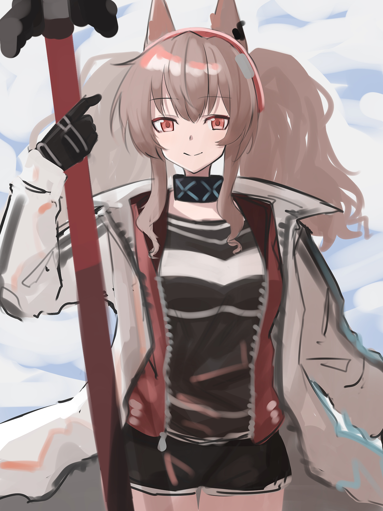 asususususu, angelina (arknights), infection monitor (arknights), arknights, commentary request, highres, 1girl, animal ears, black collar, black gloves, black shirt, black shorts, breasts, brown hair, coat, collar, cowboy shot, dot nose, earpiece, fox ears, fox girl, gloves, hairband, holding, holding staff, jacket, long hair, long sidelocks, long sleeves, looking at viewer, medium breasts, open clothes, open coat, open jacket, red eyes, red hairband, red jacket, shirt, short shorts, shorts, sidelocks, smile, solo, staff, striped clothes, striped hairband, twintails, two-tone hairband, unzipped, white coat