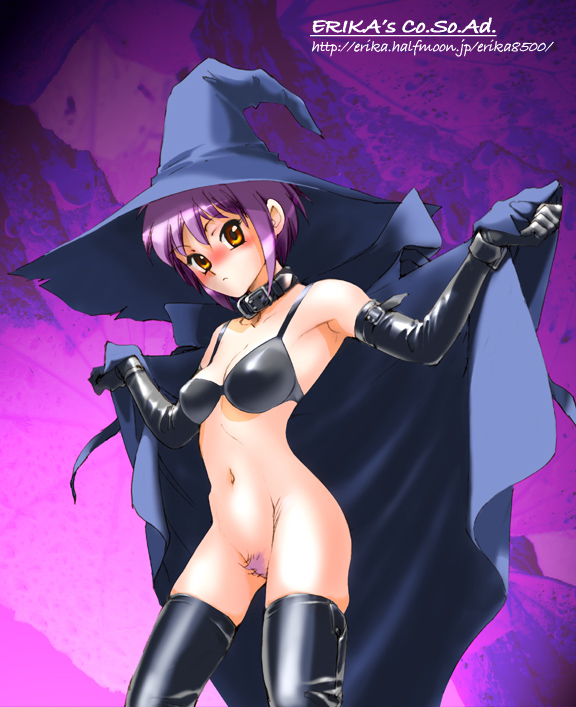 shibata masahiro, nagato yuki, suzumiya haruhi no yuuutsu, 00s, 1girl, blush, bottomless, bra, cape, collar, elbow gloves, female focus, female pubic hair, gloves, hat, lingerie, pubic hair, purple hair, pussy, solo, thighhighs, uncensored, underwear, witch, witch hat, yellow eyes