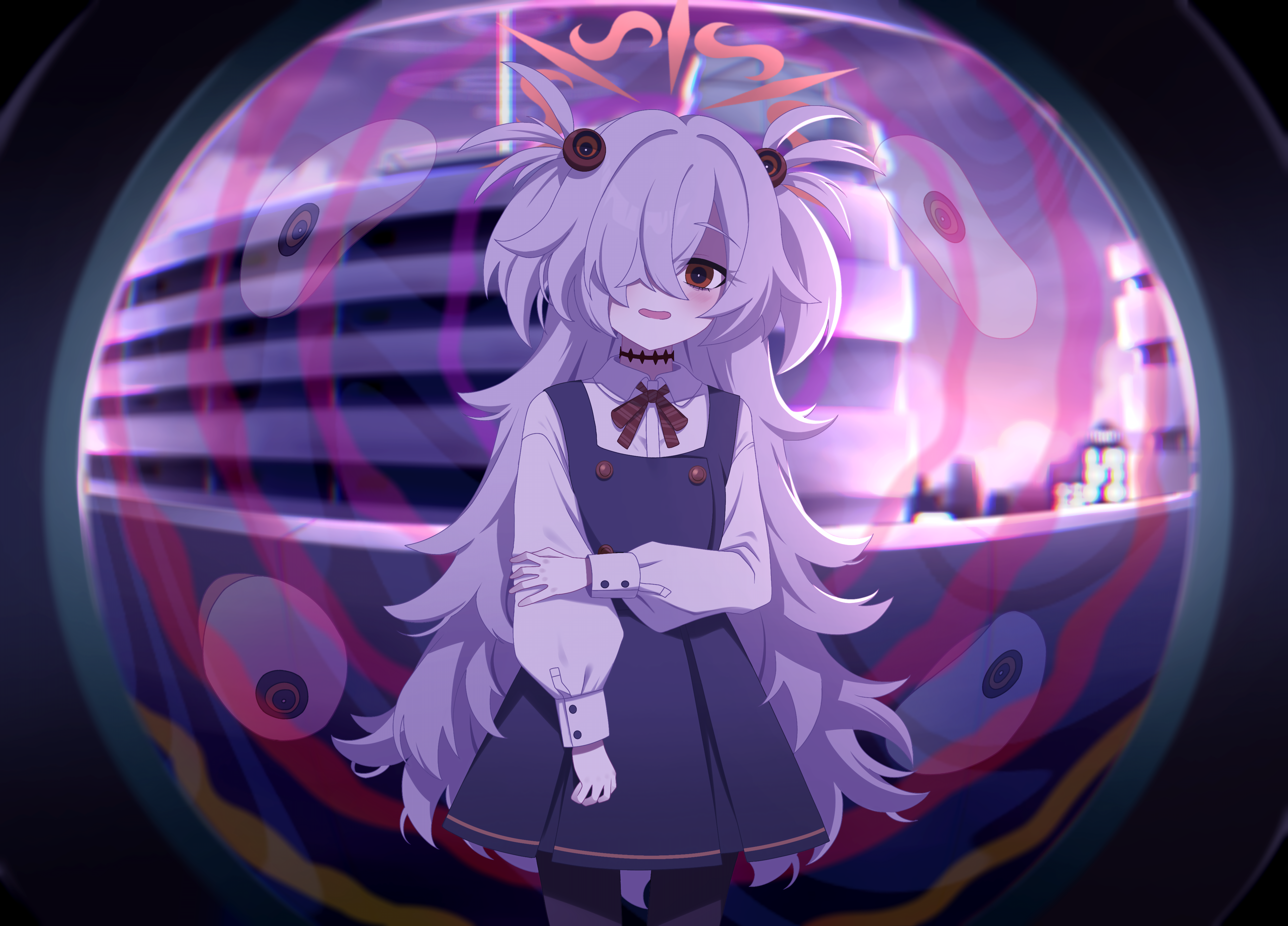 cipher (user watm8555), kanoe (blue archive), blue archive, monitoring (vocaloid), absurdres, commentary request, highres, variant set, 1girl, black pantyhose, brown eyes, collared shirt, cowboy shot, dress, fisheye, from inside, grey hair, hair over one eye, halo, hand on own elbow, long hair, long sleeves, looking at viewer, messy hair, one eye covered, open mouth, pantyhose, pinafore dress, pov peephole, school uniform, shirt, sleeveless, sleeveless dress, smile, solo, very long hair, white shirt
