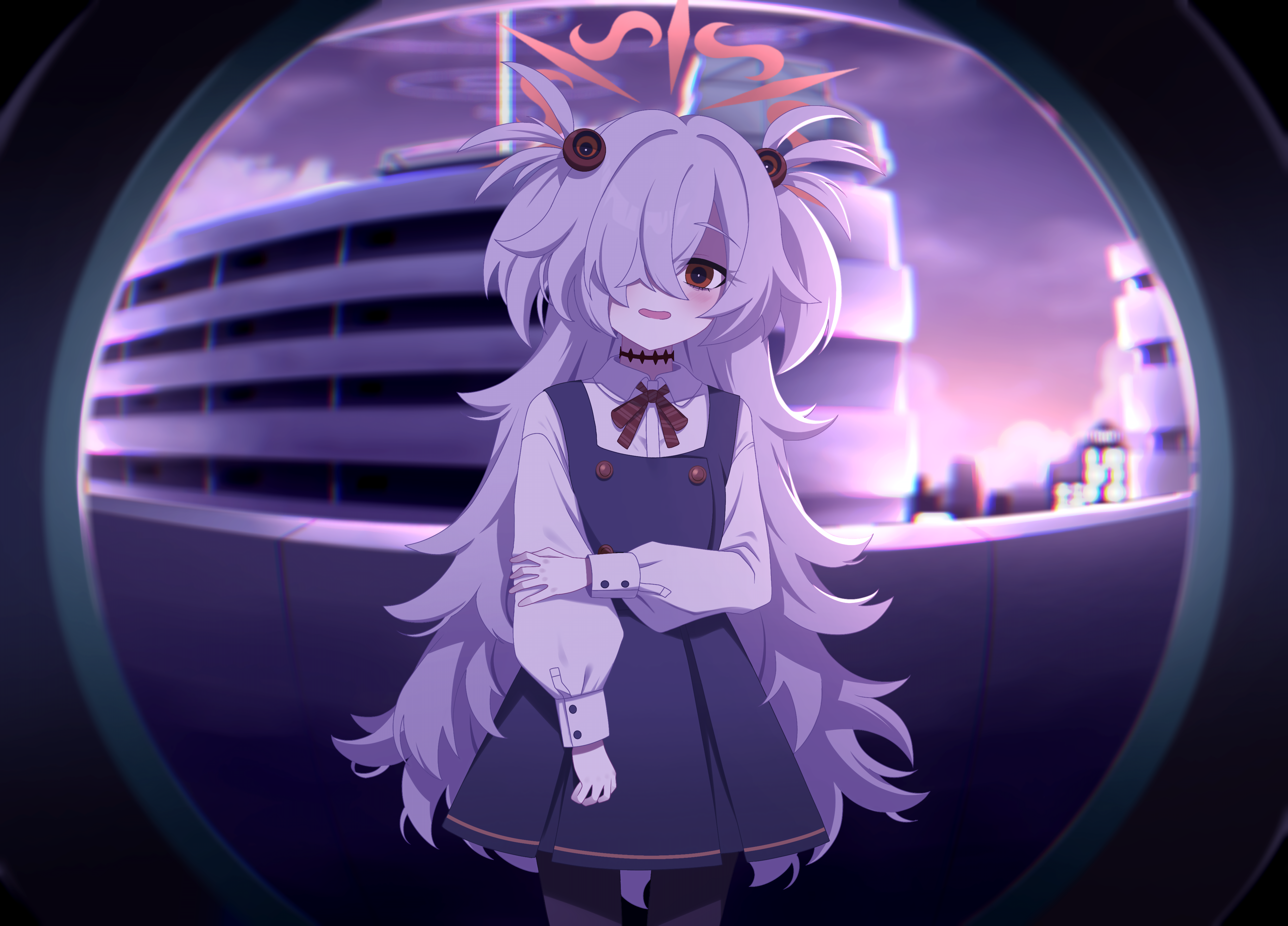 cipher (user watm8555), kanoe (blue archive), blue archive, monitoring (vocaloid), absurdres, commentary request, highres, variant set, 1girl, black pantyhose, brown eyes, collared shirt, cowboy shot, dress, fisheye, from inside, grey hair, hair over one eye, halo, hand on own elbow, long hair, long sleeves, looking at viewer, messy hair, one eye covered, open mouth, pantyhose, pinafore dress, pov peephole, school uniform, shirt, sleeveless, sleeveless dress, smile, solo, very long hair, white shirt