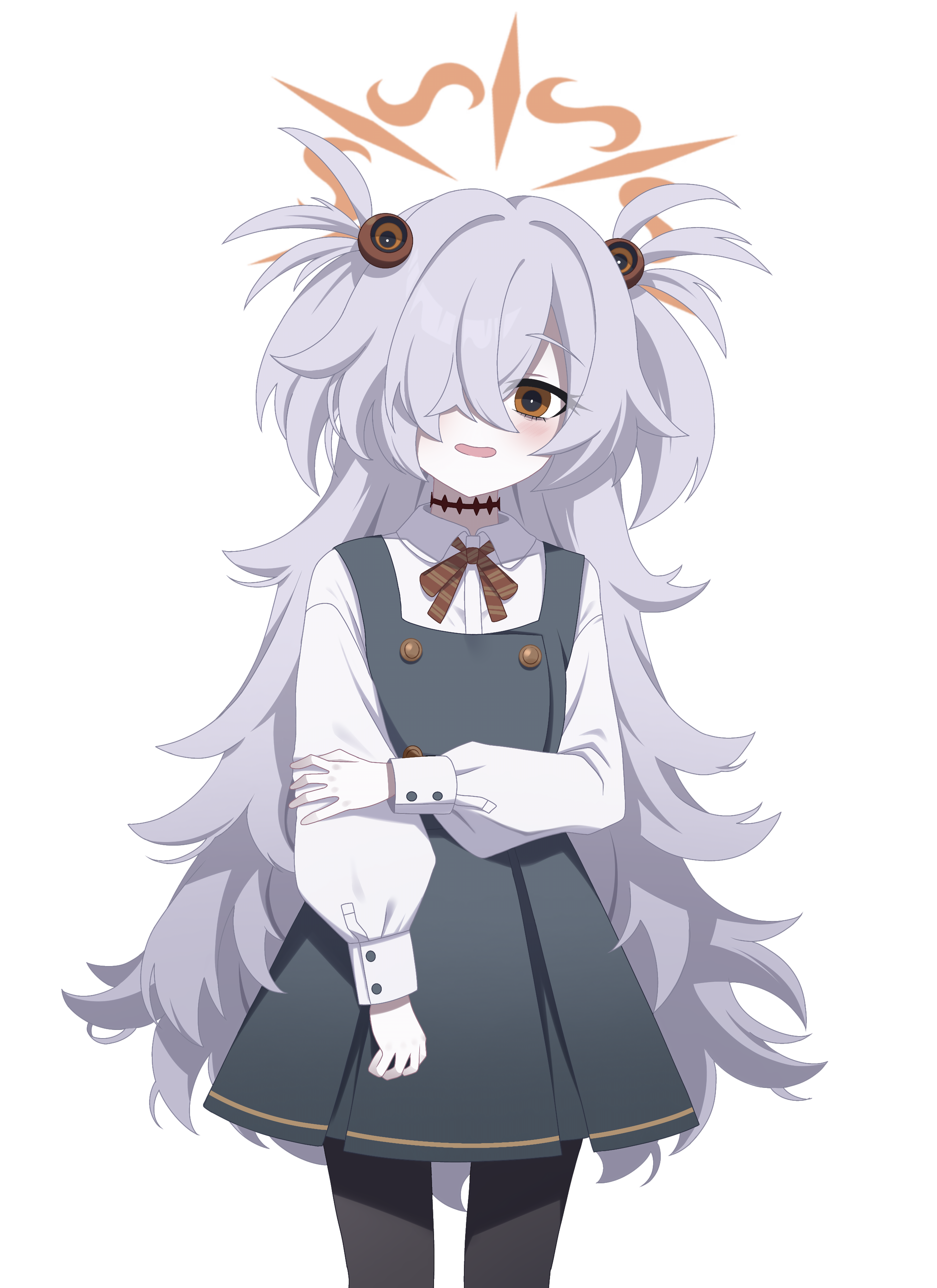 cipher (user watm8555), kanoe (blue archive), blue archive, absurdres, commentary request, highres, 1girl, black pantyhose, brown eyes, collared shirt, cowboy shot, dress, grey hair, hair over one eye, halo, hand on own elbow, long hair, long sleeves, looking at viewer, messy hair, one eye covered, open mouth, pantyhose, pinafore dress, school uniform, shirt, simple background, sleeveless, sleeveless dress, smile, solo, tachi-e, transparent background, very long hair, white shirt