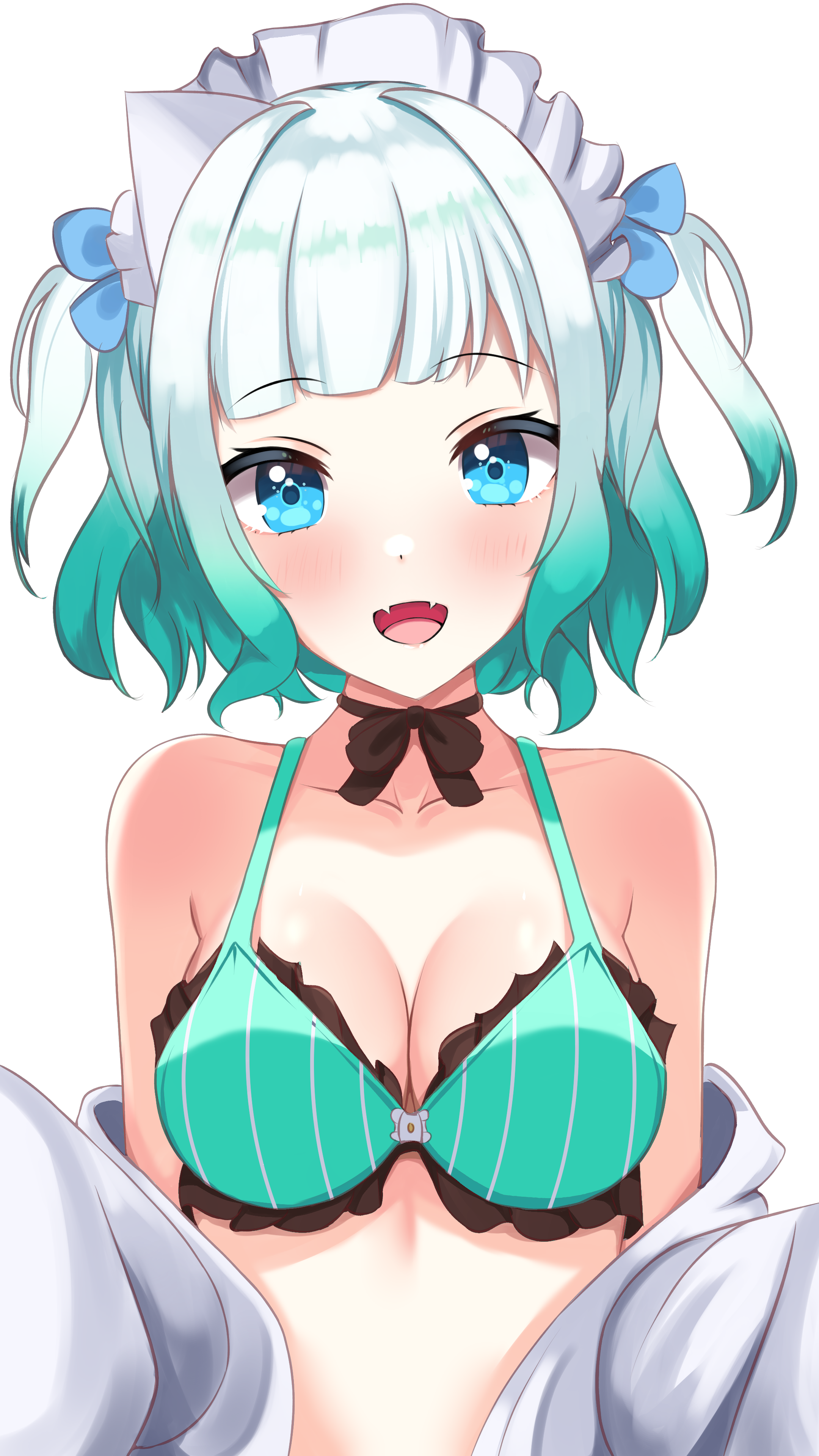panpanmc4, mint fantome, indie virtual youtuber, absurdres, commentary, english commentary, highres, 1girl, :d, bare shoulders, black ribbon, blue bow, blue eyes, blush, bow, bra, breasts, collarbone, fangs, gradient hair, green bra, green hair, hair bow, large breasts, looking at viewer, maid headdress, multicolored hair, neck ribbon, open mouth, ribbon, shirt, shirt partially removed, simple background, smile, solo, striped bra, striped clothes, triangular headpiece, two-tone hair, two side up, underwear, upper body, vertical-striped bra, vertical-striped clothes, virtual youtuber, white background, white hair, white shirt