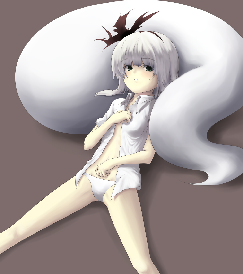 hiroya juuren, konpaku youmu, konpaku youmu (ghost), touhou, 1girl, blush, bottomless, dress shirt, female focus, green eyes, hip focus, hitodama, legs, lying, no pants, on back, open clothes, open shirt, panties, shirt, short hair, solo, underwear, white hair