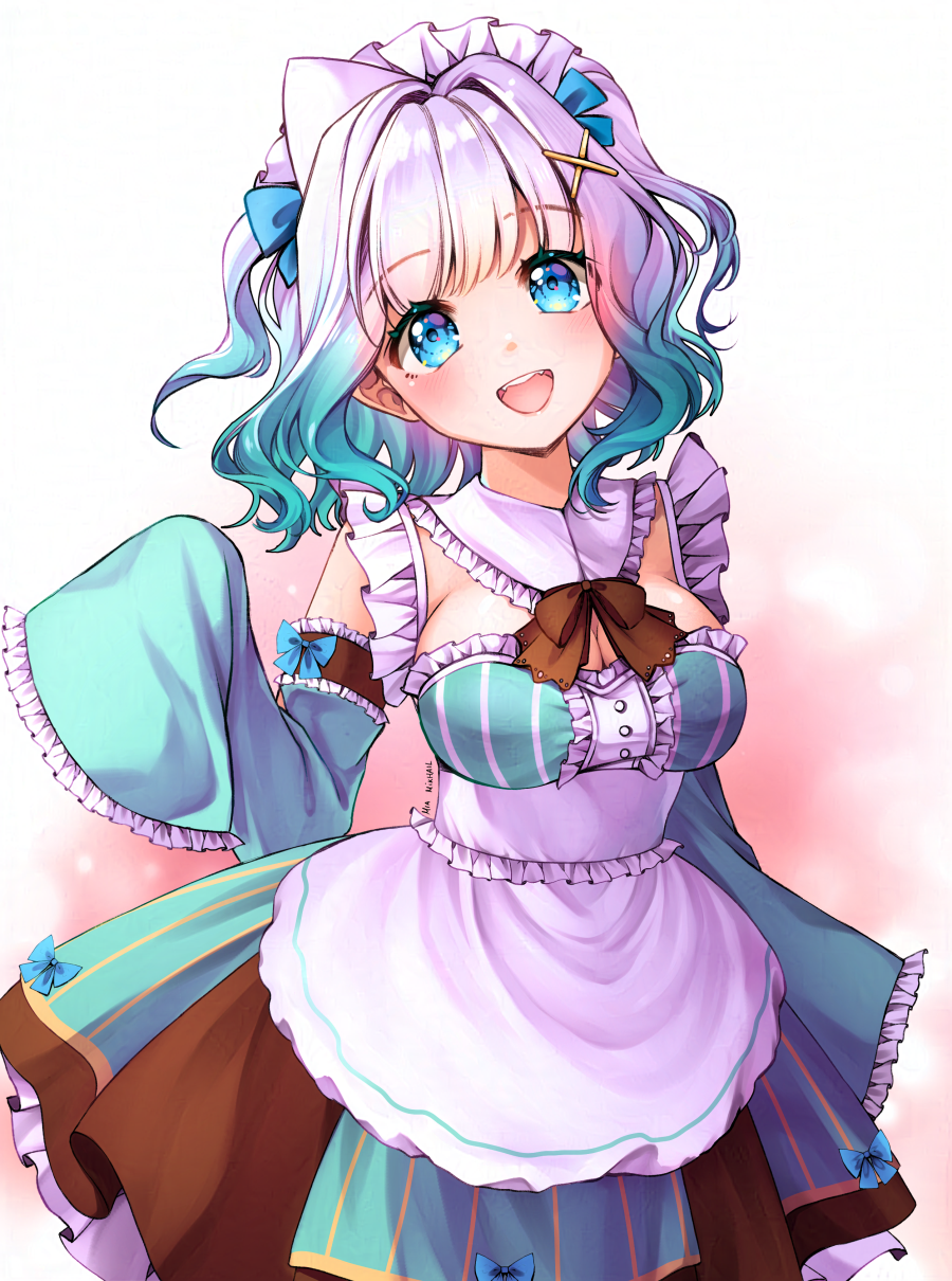 mia mikhail, mint fantome, mint fantome (minto 2.0), indie virtual youtuber, adversarial noise, commentary, highres, 1girl, :d, apron, black bow, black bowtie, blue eyes, bow, bowtie, breasts, cleavage, cowboy shot, detached collar, detached sleeves, dress, dress bow, frilled sleeves, frills, gradient hair, green dress, green hair, green sleeves, hair intakes, hair ornament, large breasts, looking at viewer, maid, maid headdress, multicolored hair, open mouth, short hair, sleeve garter, sleeveless, sleeveless dress, sleeves past fingers, sleeves past wrists, smile, solo, standing, striped clothes, striped dress, teeth, triangular headpiece, two-tone hair, upper teeth only, vertical-striped clothes, vertical-striped dress, very long sleeves, virtual youtuber, waist apron, white apron, white background, white hair, wide sleeves, x hair ornament