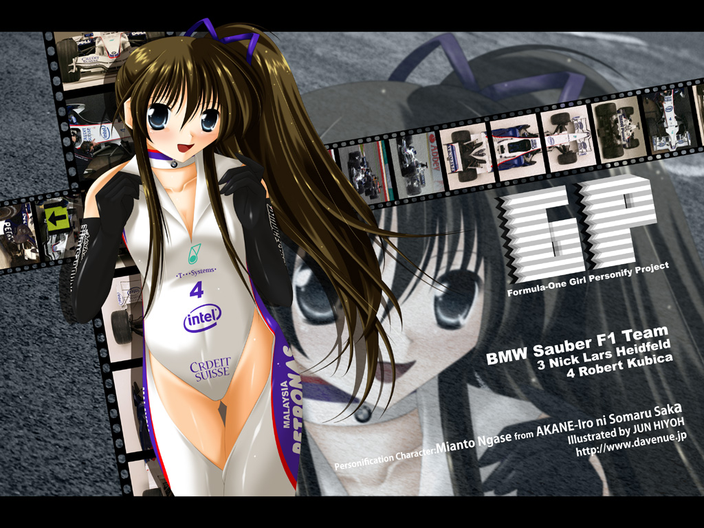 hiyou jun, nagase minato, akane-iro ni somaru saka, formula one, moto gp, 1girl, blue eyes, brown hair, car, elbow gloves, female focus, formula racer, gloves, leotard, long hair, race queen, race vehicle, racecar, side ponytail, solo