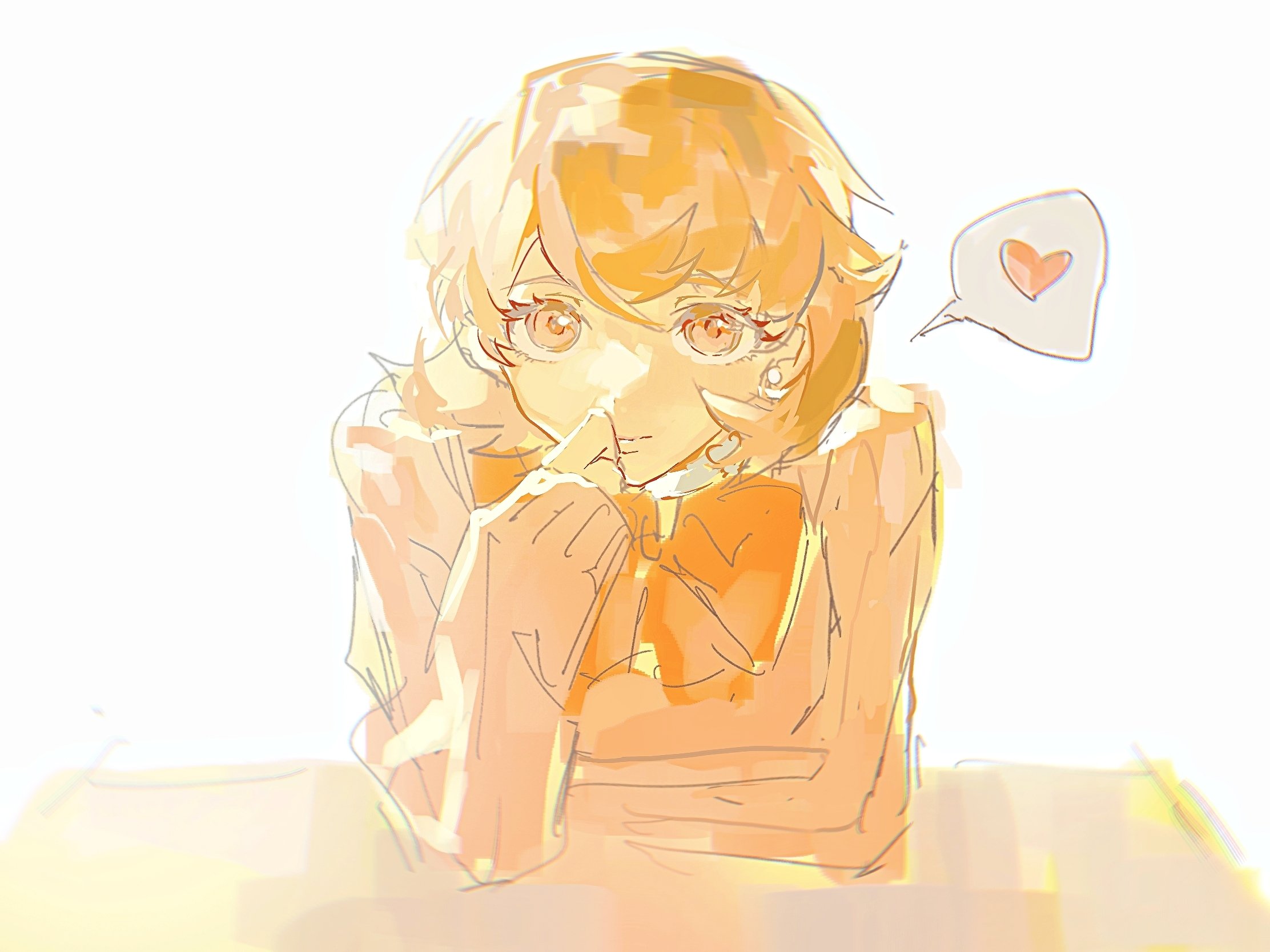 surielye, takeba yukari, persona, persona 3, commentary, highres, symbol-only commentary, 1girl, bow, bowtie, brown eyes, brown hair, cardigan, choker, closed mouth, earrings, elbow rest, flipped hair, heart, heart choker, jewelry, long sleeves, looking at viewer, pink cardigan, red bow, red bowtie, ribbed cardigan, short hair, sleeves past wrists, solo, spoken heart, straight-on, stud earrings, table, upper body, white background, white choker