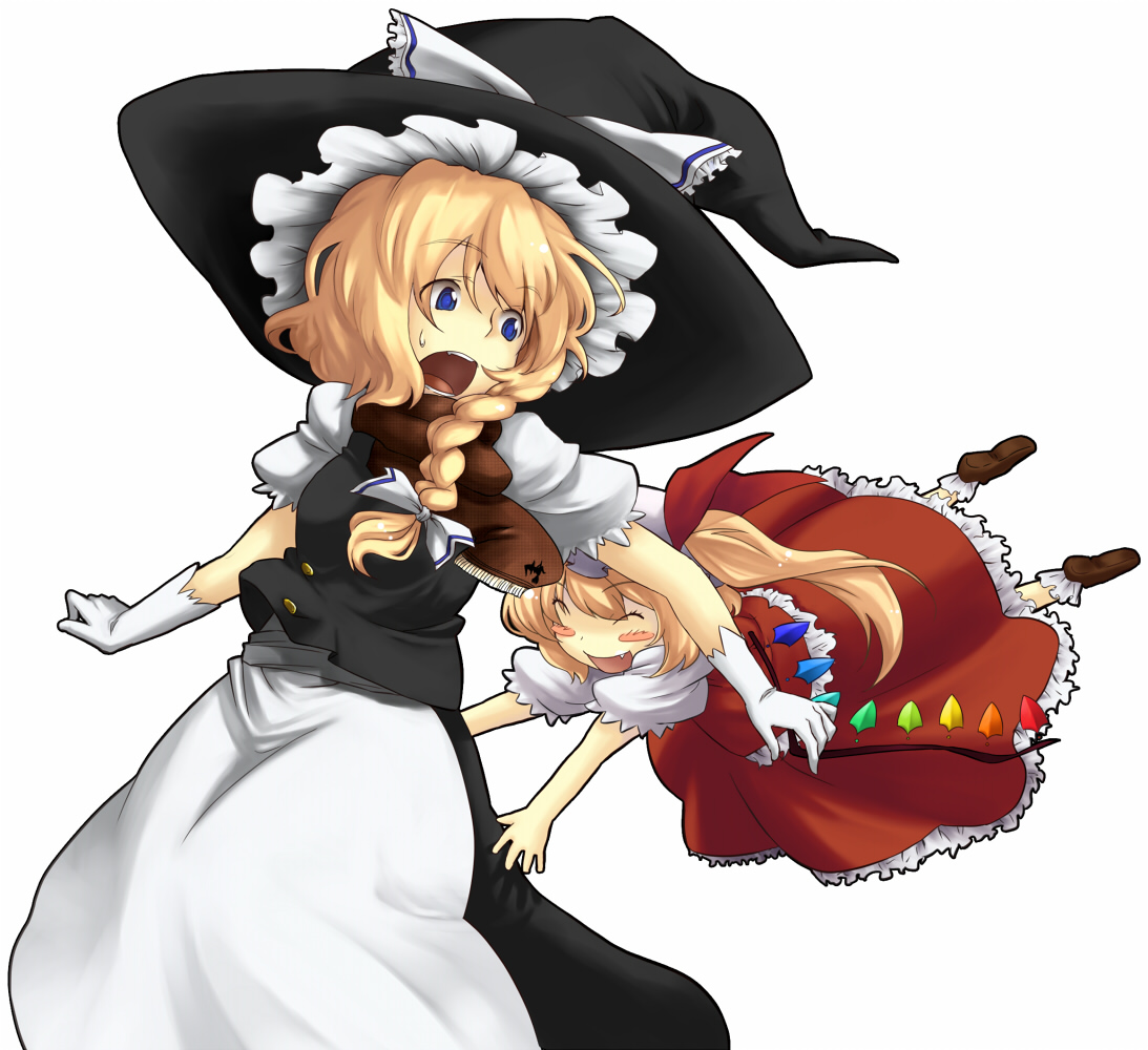 hiroya juuren, flandre scarlet, kirisame marisa, touhou, 2girls, :d, :o, ^ ^, alternate eye color, apron, blonde hair, blue eyes, blush stickers, braid, closed eyes, fang, female focus, glomp, gloves, hair ribbon, hat, hug, multiple girls, open mouth, ponytail, ribbon, scarf, short sleeves, side ponytail, skirt, skirt set, smile, vampire, waist apron, wings, witch, witch hat