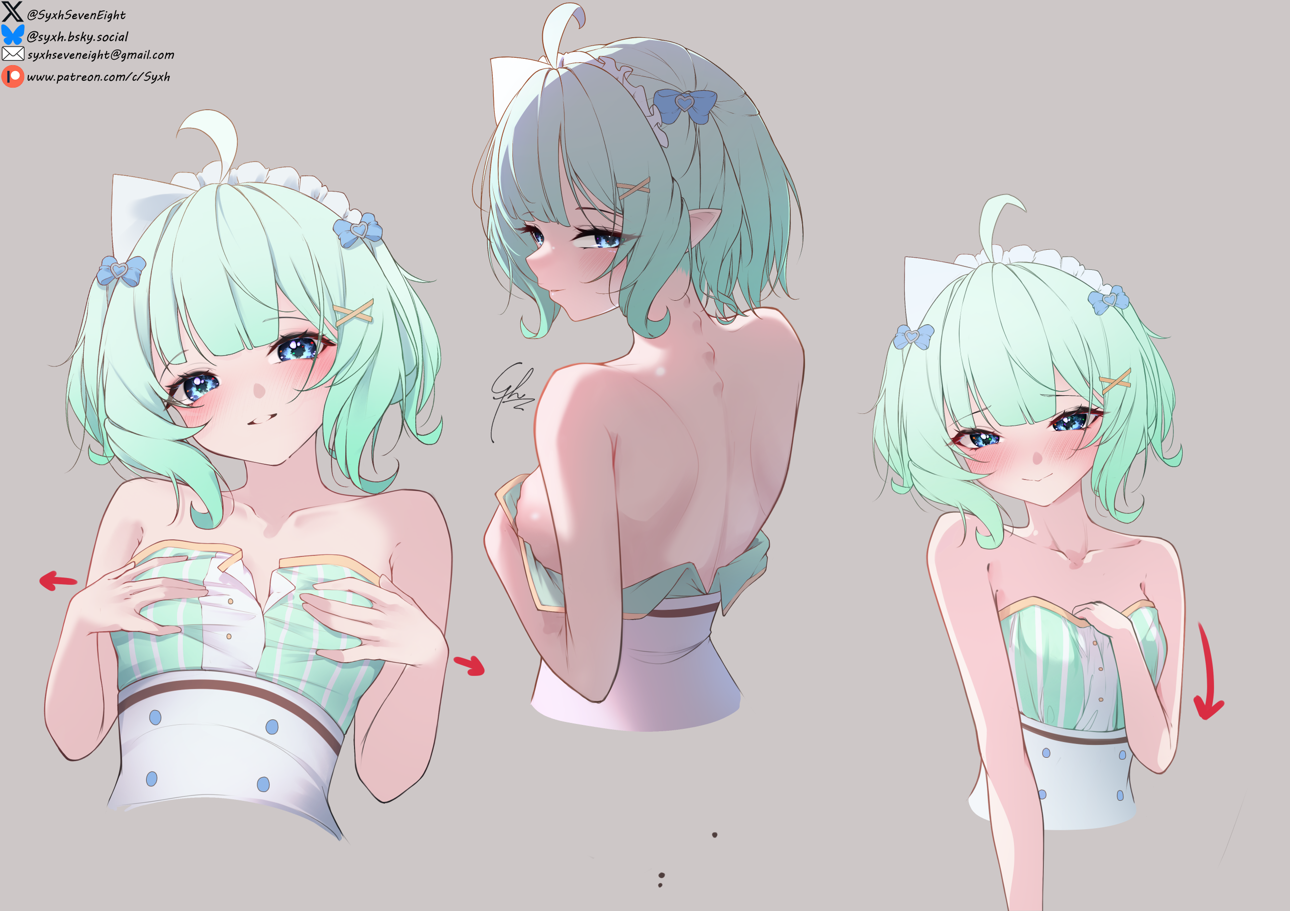 syxh, mint fantome, indie virtual youtuber, highres, 1girl, ahoge, alternate costume, arrow (symbol), back, bare shoulders, blue bow, blue eyes, bluesky username, blush, bow, breasts, closed mouth, collarbone, email address, green hair, grey background, hair bow, hair ornament, hands on own chest, high-waist skirt, looking at viewer, looking back, maid headdress, medium breasts, multiple views, parted lips, patreon username, pointy ears, signature, simple background, skirt, small breasts, spine bumps, triangular headpiece, twitter username, virtual youtuber, white skirt, x hair ornament