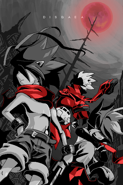 hoehoe3, adell (disgaea), laharl, mao (disgaea), disgaea, makai senki disgaea, makai senki disgaea 2, makai senki disgaea 3, nippon ichi, 00s, 3boys, demon boy, epic, full moon, male focus, monochrome, moon, multiple boys, necktie, red moon, red theme, scarf, shorts, spot color, sword, weapon