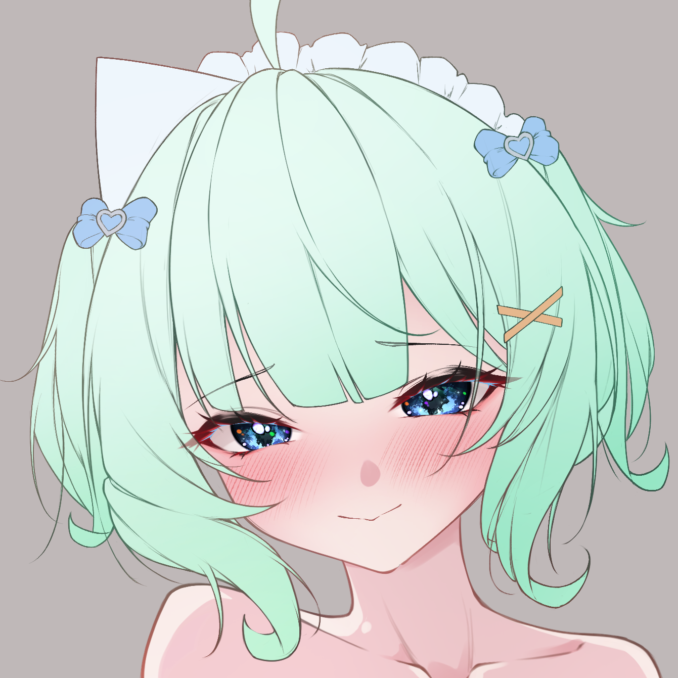 syxh, mint fantome, indie virtual youtuber, highres, paid reward available, 1girl, ahoge, blue bow, blue eyes, blush, bow, closed mouth, collarbone, eyelashes, green hair, grey background, hair bow, looking at viewer, maid headdress, portrait, short hair, simple background, smile, solo, triangular headpiece, virtual youtuber