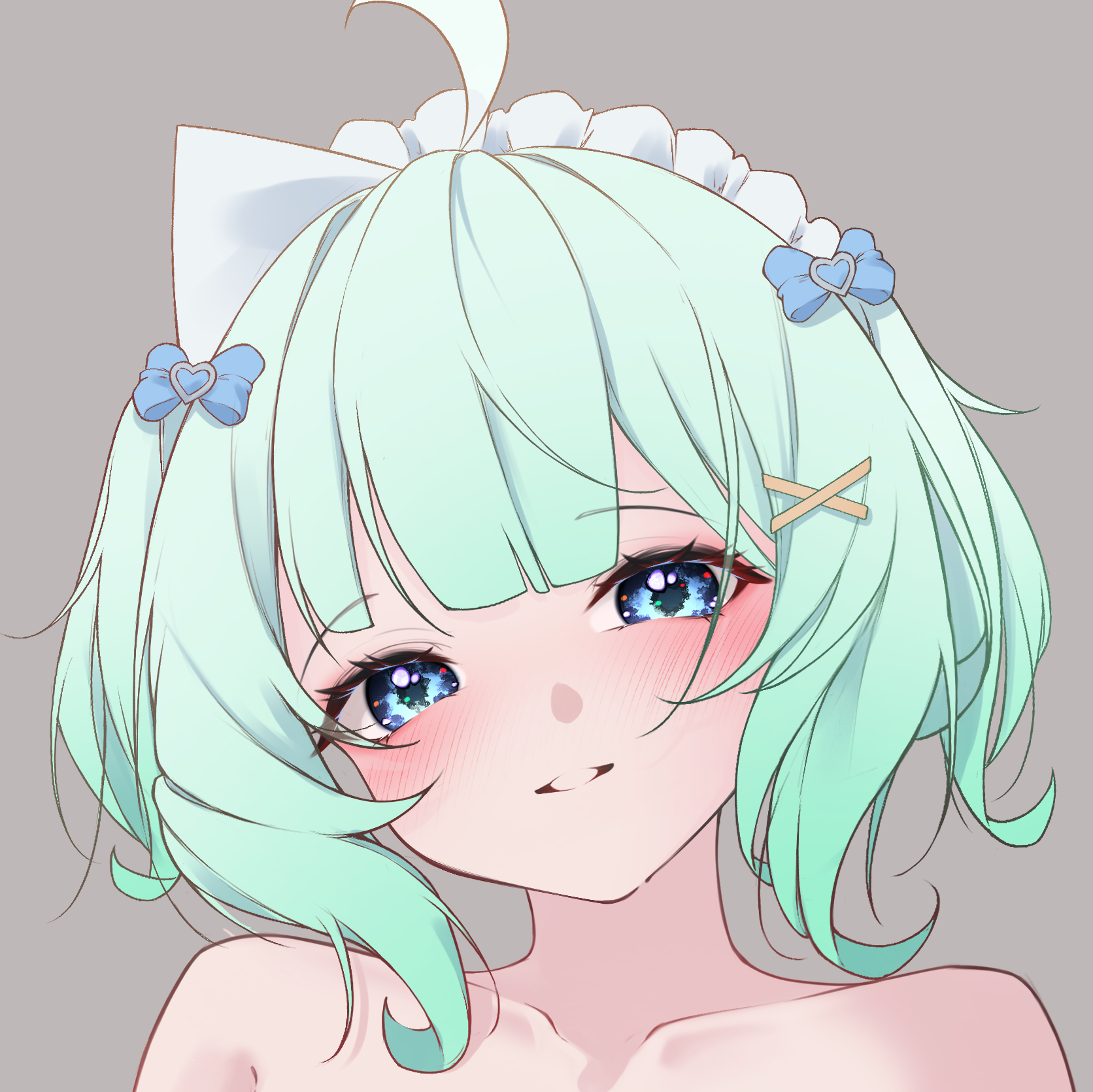 syxh, mint fantome, indie virtual youtuber, highres, paid reward available, 1girl, blue bow, blue eyes, blush, bow, collarbone, eyelashes, green hair, grey background, hair bow, hair ornament, looking at viewer, maid headdress, parted lips, portrait, short hair, simple background, smile, solo, triangle mouth, virtual youtuber, x hair ornament