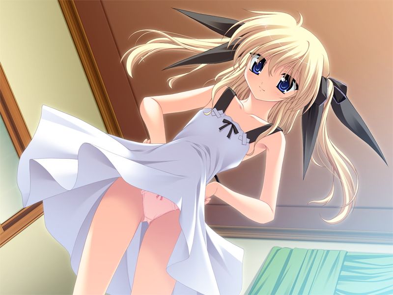 souda shinme, daikinzan sasara, rururu to sasara no sensei oshiete, game cg, non-web source, 1girl, blonde hair, blue eyes, dress, female focus, flat chest, long hair, panties, pantyshot, solo, twintails, underwear, wind, wind lift