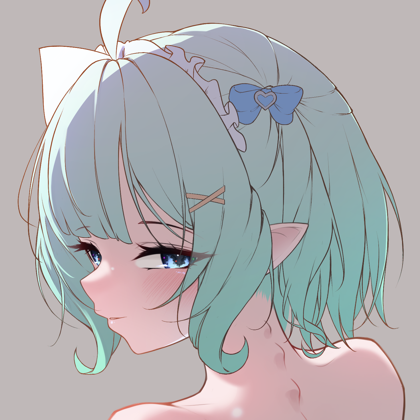 syxh, mint fantome, indie virtual youtuber, highres, paid reward available, 1girl, ahoge, blue bow, blue eyes, blush, bow, eyelashes, green hair, grey background, hair bow, hair ornament, looking at viewer, looking back, maid headdress, parted lips, pointy ears, portrait, simple background, smile, solo, spine bumps, triangular headpiece, virtual youtuber, x hair ornament