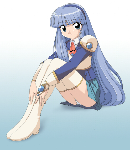ryuuzaki umi, magic knight rayearth, non-web source, 1990s (style), 1girl, armor, armored dress, blue eyes, blue hair, blue hairband, blue skirt, blue theme, boots, dress, hairband, long hair, panties, pantyshot, retro artstyle, school uniform, skirt, thigh boots, thighhighs, underwear