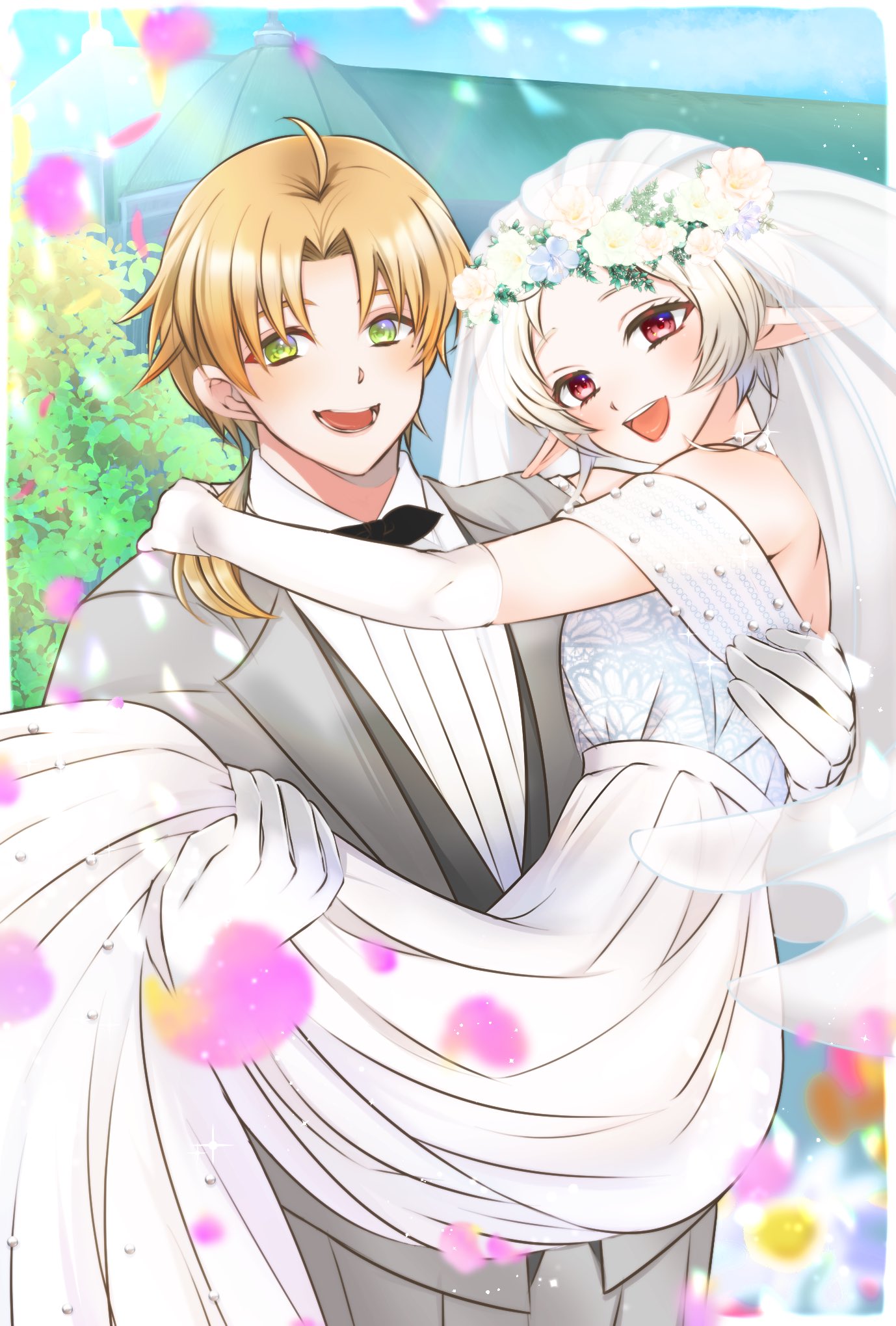 kasakasako, rudeus greyrat, sylphiette (mushoku tensei), mushoku tensei, highres, 1boy, 1girl, ahoge, blue sky, bridal veil, bride, dress, elf, formal clothes, gloves, green eyes, groom, husband and wife, pointy ears, ponytail, sky, suit, veil, wedding dress, white gloves, white hair