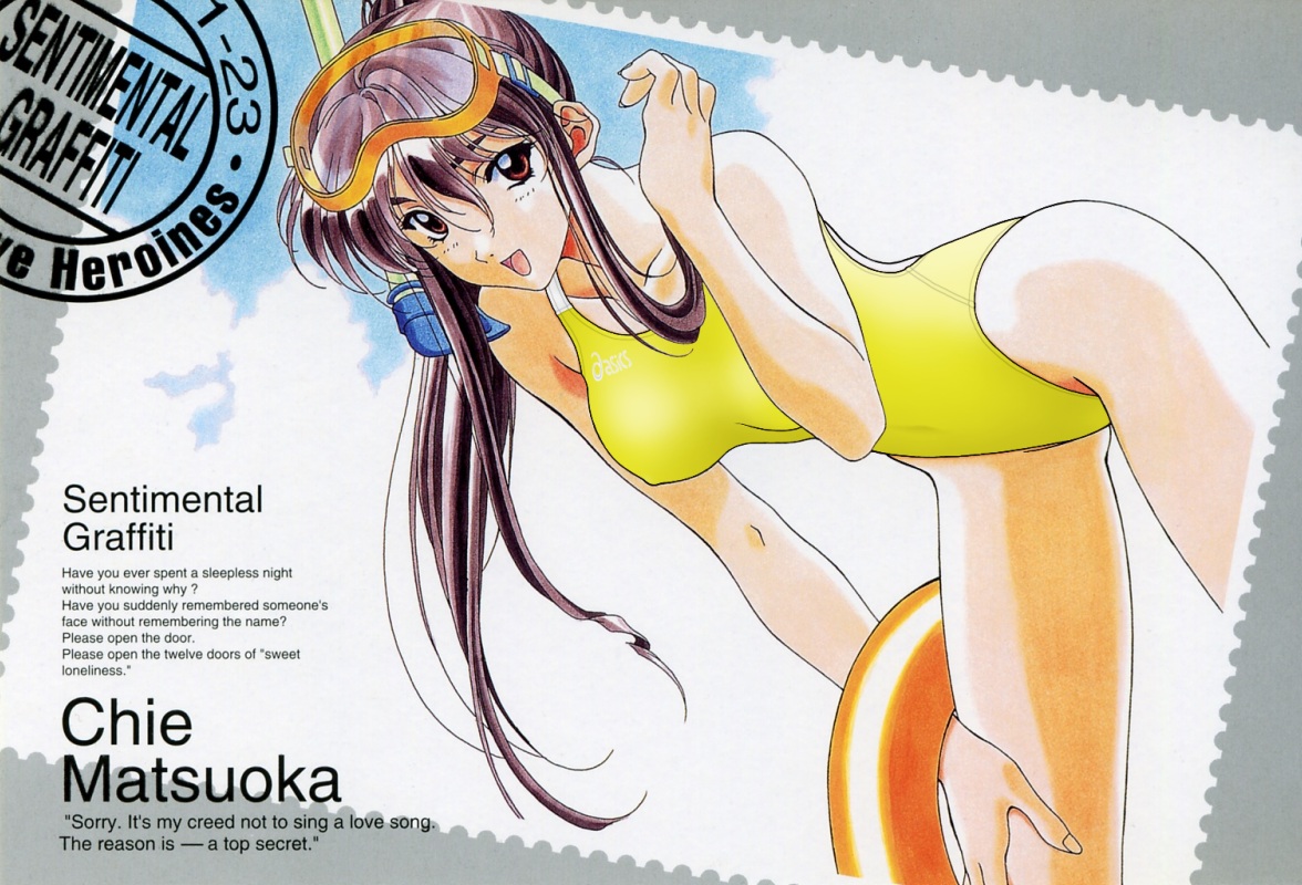 kai tomohisa, matsuoka chie, sentimental graffiti, painting (medium), third-party edit, traditional media, watercolor (medium), 1990s (style), 1girl, breasts, breasts apart, competition swimsuit, cowboy shot, day, diving mask, diving mask on head, female focus, from side, goggles, goggles on head, hair between eyes, high ponytail, highleg, highleg one-piece swimsuit, holding, holding swim ring, innertube, legs apart, one-piece swimsuit, outdoors, ponytail, postage stamp, retro artstyle, snorkel, solo, stamp, swim ring, swimsuit, yellow one-piece swimsuit