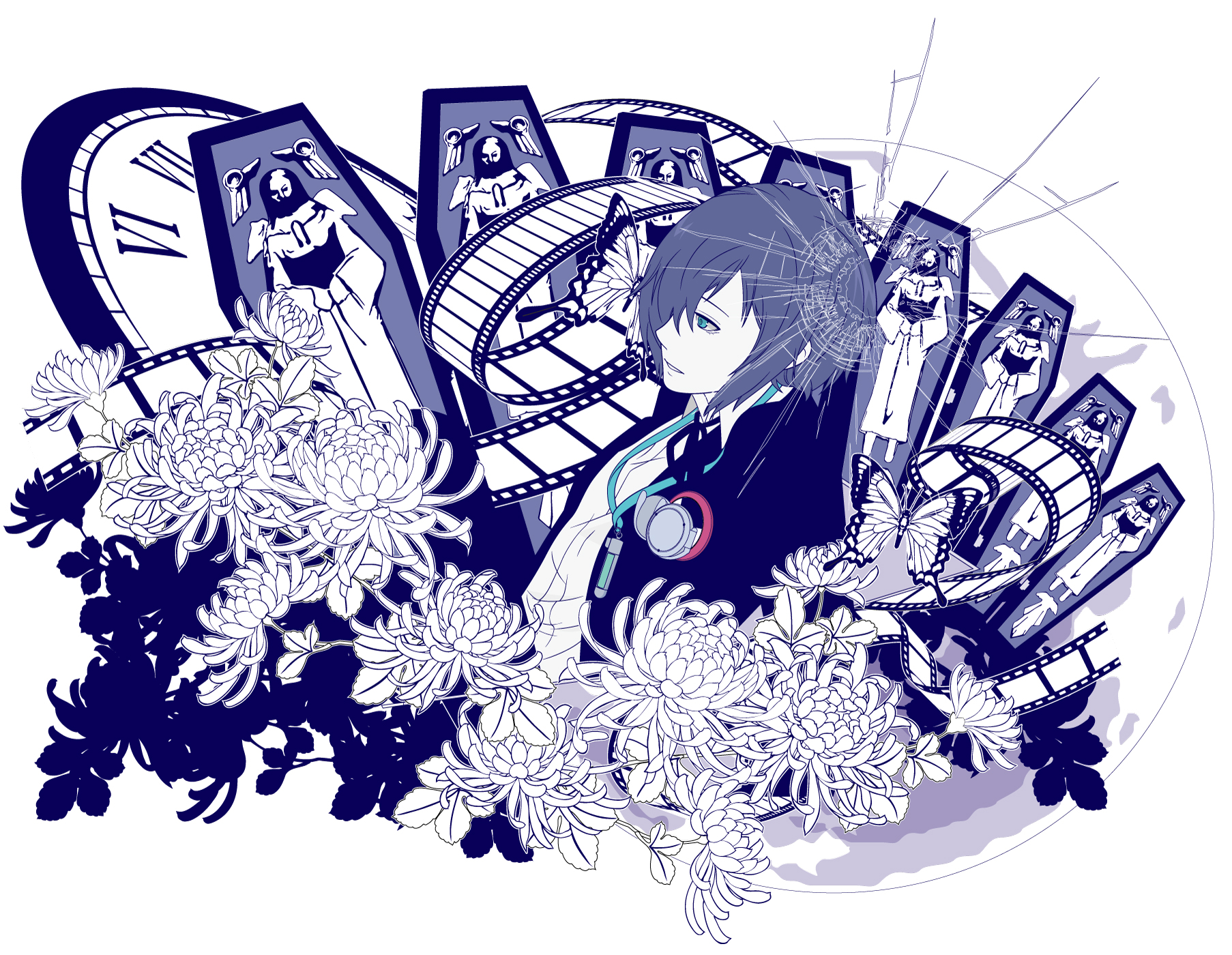 thanatos (persona), yuuki makoto (persona 3), persona, persona 3, commentary, commentary request, english commentary, highres, mixed-language commentary, 1boy, analog clock, aqua eyes, blue hair, blue jacket, bug, bullet hole, butterfly, clock, coffin, digital media player, digital walkman, dress shirt, film strip, flower, from side, gekkoukan high school uniform, hair over one eye, insect, jacket, leaf, looking ahead, male focus, nakahara 0115, open clothes, open jacket, parted lips, partially colored, school uniform, shirt, short hair, simple background, upper body, walkman nw-s203f, white background, white flower, white shirt