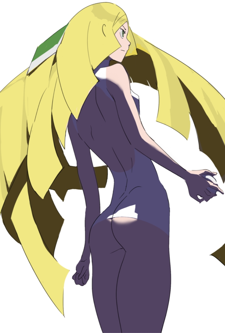 tombiiwa, lusamine (pokemon), nintendo, pokemon, 1girl, arm at side, ass, back, blonde hair, breasts, clenched hand, closed mouth, from behind, green eyes, hair ornament, holding, holding poke ball, long hair, one-piece swimsuit, poke ball, pokemon (creature), simple background, small breasts, solo, swimsuit, white background, white one-piece swimsuit