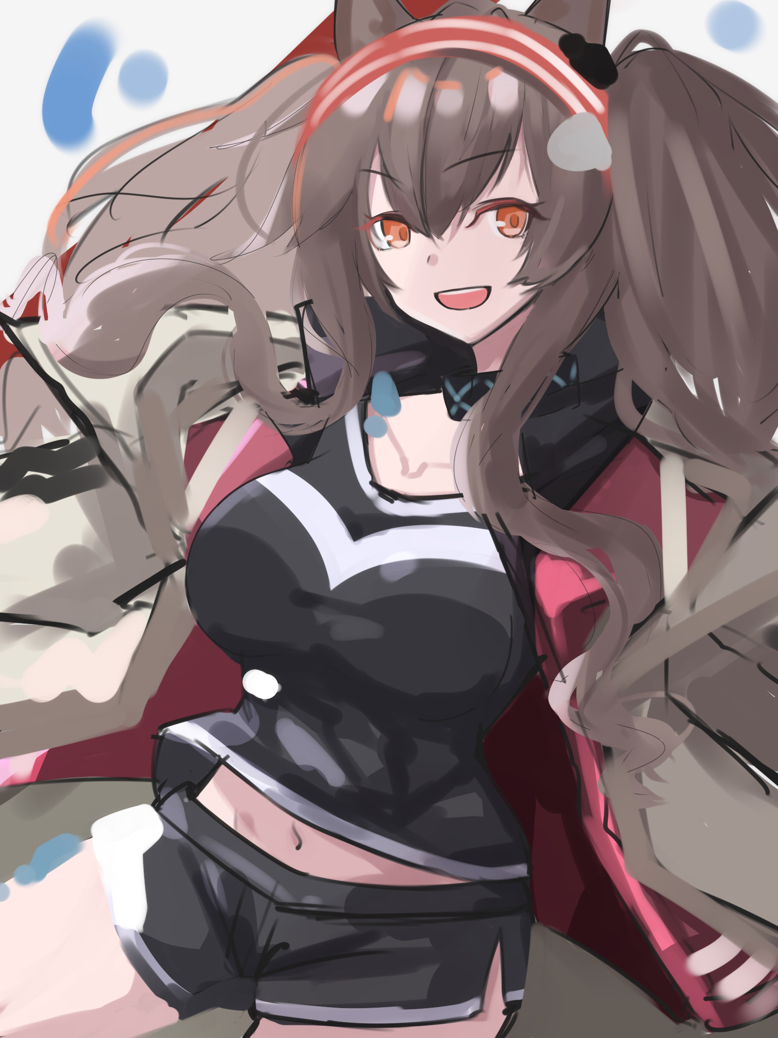 asususususu, angelina (arknights), infection monitor (arknights), arknights, highres, 1girl, :d, animal ears, black collar, black shirt, black shorts, breasts, brown hair, collar, collarbone, dot nose, earpiece, fox ears, fox girl, hair between eyes, hairband, impossible clothes, impossible shirt, jacket, long hair, looking at viewer, medium breasts, midriff peek, navel, open clothes, open jacket, open mouth, orange eyes, red hairband, red jacket, shirt, short shorts, shorts, smile, solo, striped clothes, striped hairband, teeth, twintails, two-tone hairband, upper teeth only