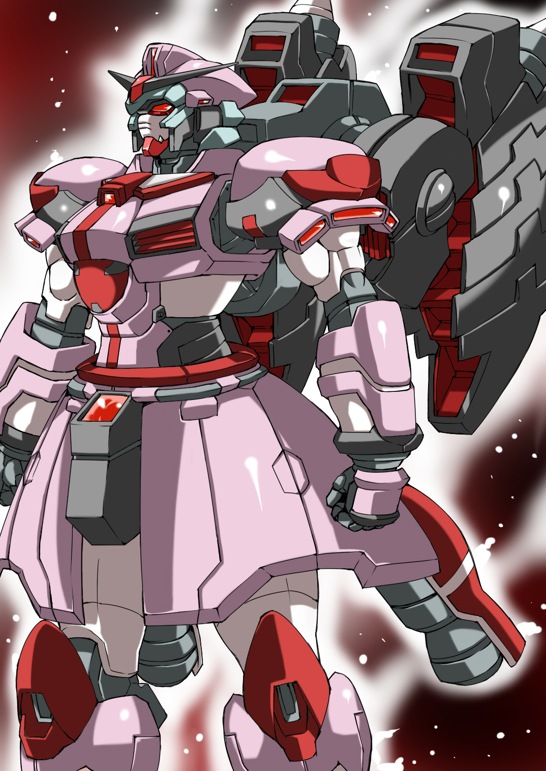 tukiwani, remilia scarlet, gundam, touhou, highres, gradient background, mecha, mechanization, no humans, robot, solo, white background