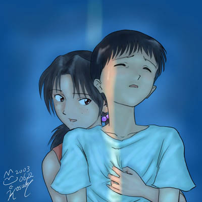 meguro fukuzou, horaki hikari, ikari shinji, neon genesis evangelion, lowres, 00s, 1boy, 1girl, 2003, assertive female, closed eyes, clothes grab, couple, dark, freckles, hair bobbles, hair ornament, hetero, hug, hug from behind, reach-around, sexually suggestive, shirt, shirt grab, signature, t-shirt, twintails