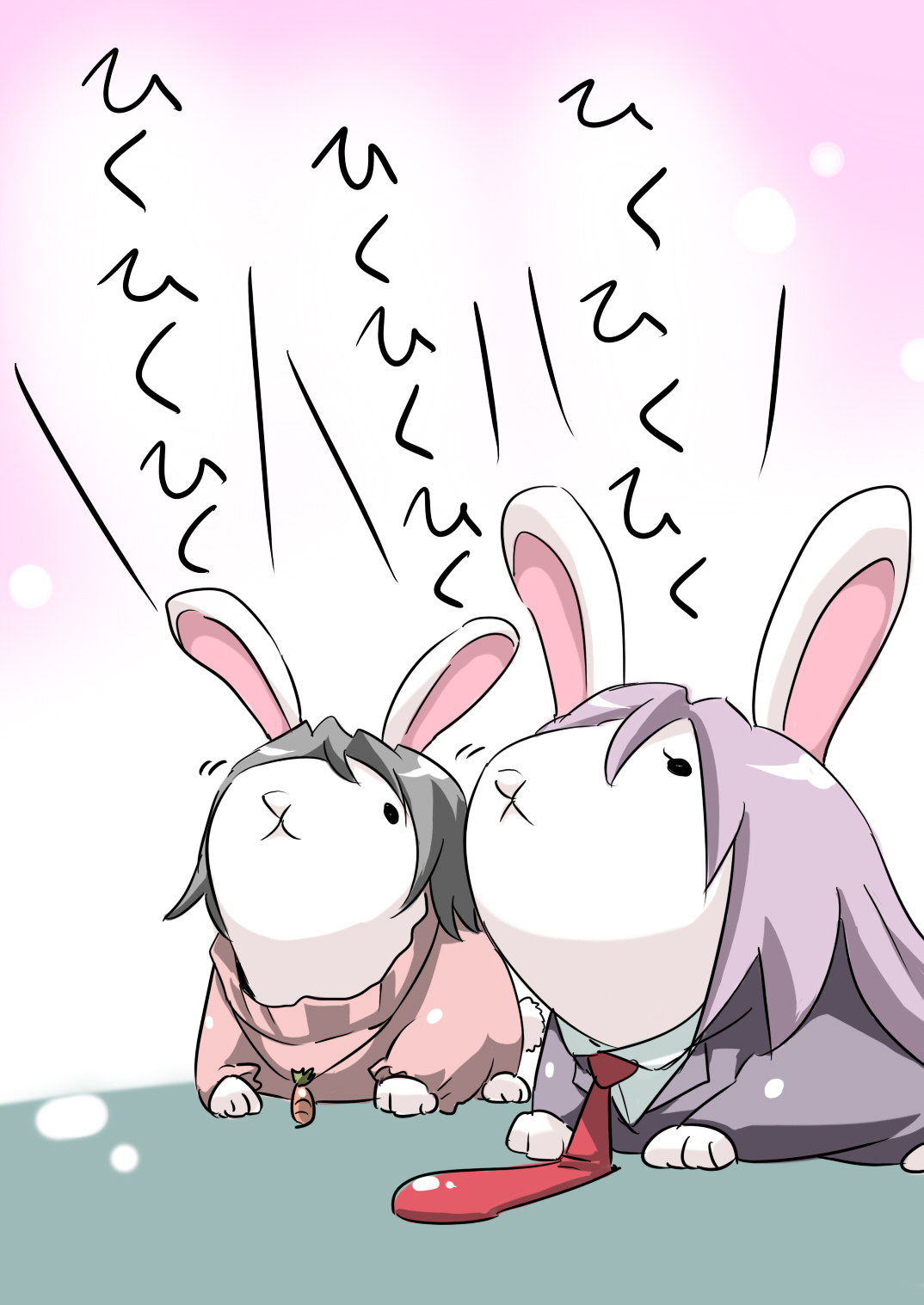 tukiwani, inaba tewi, inaba tewi (bunny), reisen udongein inaba, reisen udongein inaba (bunny), touhou, highres, 2girls, black hair, carrot, female focus, jewelry, long hair, multiple girls, necktie, pendant, purple hair, rabbit, red necktie, short hair, x mouth