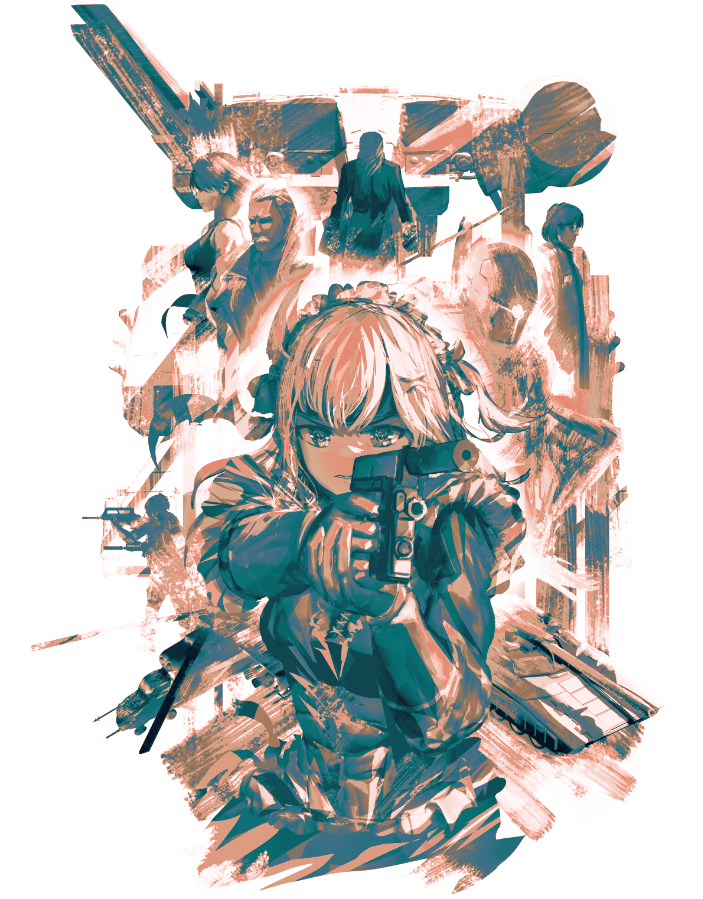advarcher, gray fox (metal gear), hal emmerich, liquid snake, meryl silverburgh, metal gear rex, mint fantome, revolver ocelot, solid snake, indie virtual youtuber, metal gear (series), metal gear solid, commentary request, 2girls, 4boys, aircraft, assault rifle, cosplay, gun, hair ornament, hairclip, handgun, helicopter, holding, holding gun, holding weapon, limited palette, maid headdress, mecha, metal gear (robot), military, military vehicle, motor vehicle, multiple boys, multiple girls, muted color, rifle, robot, sepia, sneaking suit, solid snake (cosplay), suppressor, tank, virtual youtuber, weapon