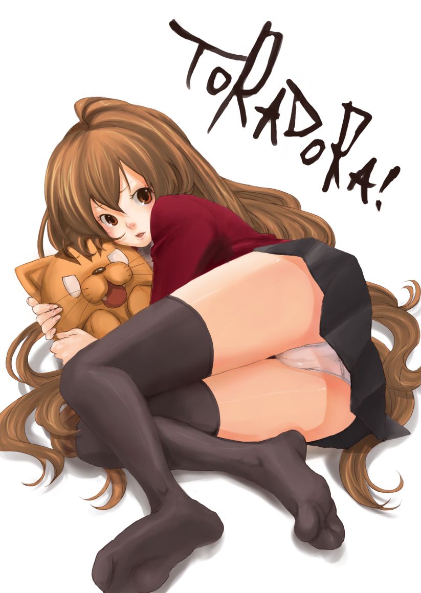 kumatani, aisaka taiga, toradora!, bad id, bad pixiv id, 00s, 1girl, brown eyes, brown hair, feet, female focus, foot focus, foreshortening, lips, lying, panties, pantyshot, school uniform, see-through clothes, solo, stuffed animal, stuffed tiger, stuffed toy, thighhighs, underwear, upskirt
