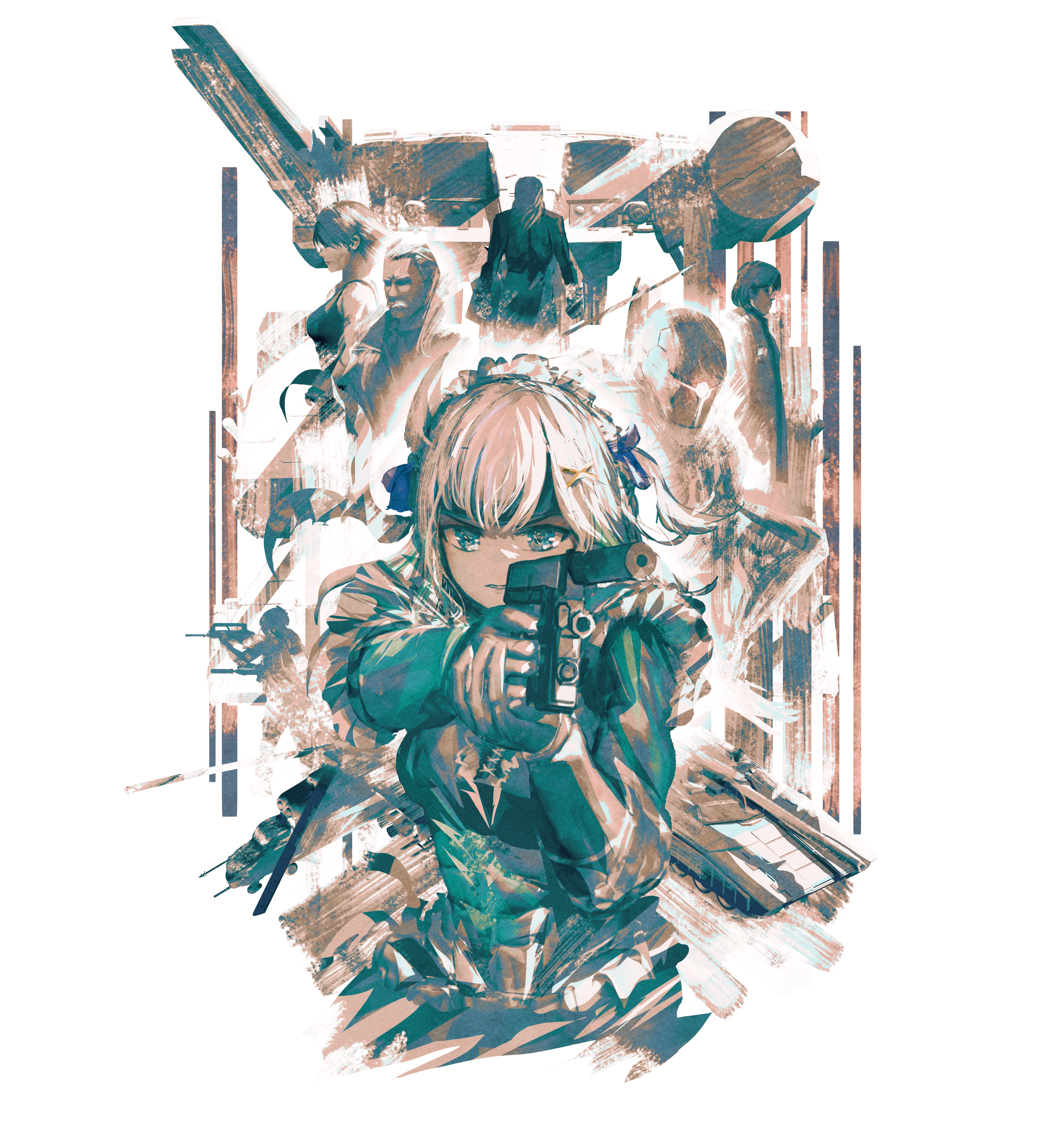 advarcher, gray fox (metal gear), hal emmerich, liquid snake, meryl silverburgh, metal gear rex, mint fantome, revolver ocelot, solid snake, indie virtual youtuber, metal gear (series), metal gear solid, absurdres, commentary request, highres, 2girls, 4boys, aircraft, assault rifle, cosplay, gun, hair ornament, hairclip, handgun, helicopter, holding, holding gun, holding weapon, limited palette, maid headdress, mecha, metal gear (robot), military, military vehicle, motor vehicle, multiple boys, multiple girls, muted color, rifle, robot, sneaking suit, solid snake (cosplay), suppressor, tank, virtual youtuber, weapon