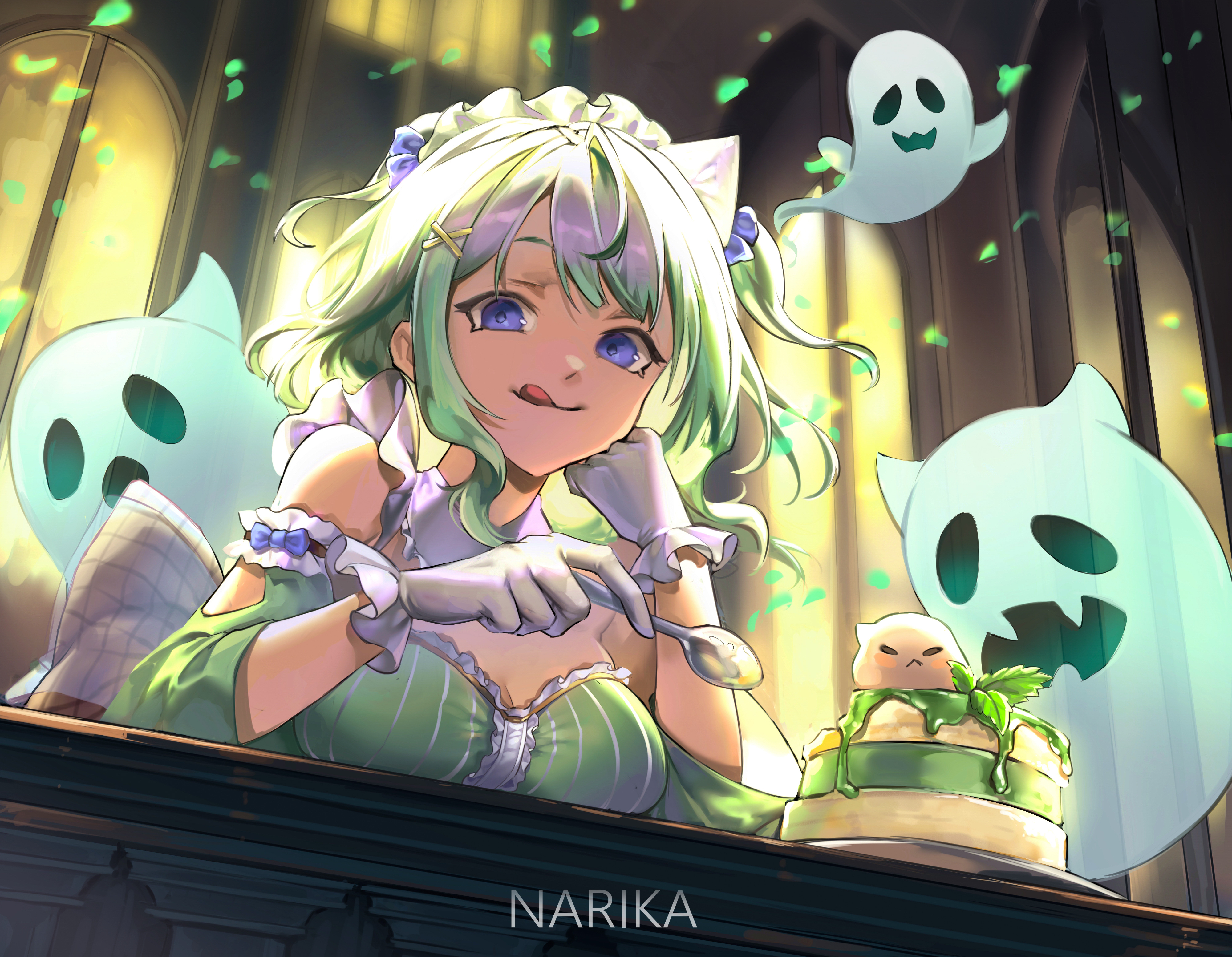 narika (narikakkkk), mint fantome, mint fantome (minto 2.0), wisps (mint fantome), indie virtual youtuber, absurdres, commentary, english commentary, highres, 1girl, :q, artist name, back bow, bare shoulders, blue eyes, bow, breasts, cake, cleavage, detached sleeves, dress, food, frilled gloves, frills, gloves, gradient hair, green dress, green hair, green sleeves, grey hair, hair ornament, hairclip, head rest, holding, holding spoon, indoors, looking at viewer, maid, medium breasts, multicolored hair, short hair, solo, spoon, tongue, tongue out, triangular headpiece, virtual youtuber, white gloves, x hair ornament